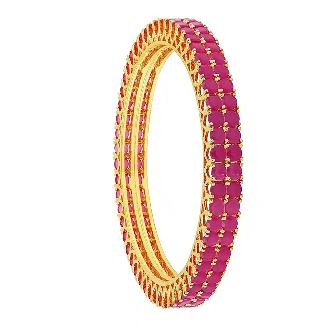 JEWELOPIA Elegant Ruby Studded Gemstone Bangles 18k Gold Plated 2 PCs Handcrafted Round Solitaire AD Bangles Set for Women & Girls (2-6)