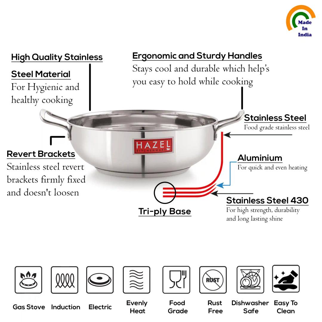 HAZEL Stainless Steel Induction Kadai |Induction Base Steel Kadai for Cooking | Dishwasher Safe Induction Cooktop Utensils, 26 cm, 3.8 Liter