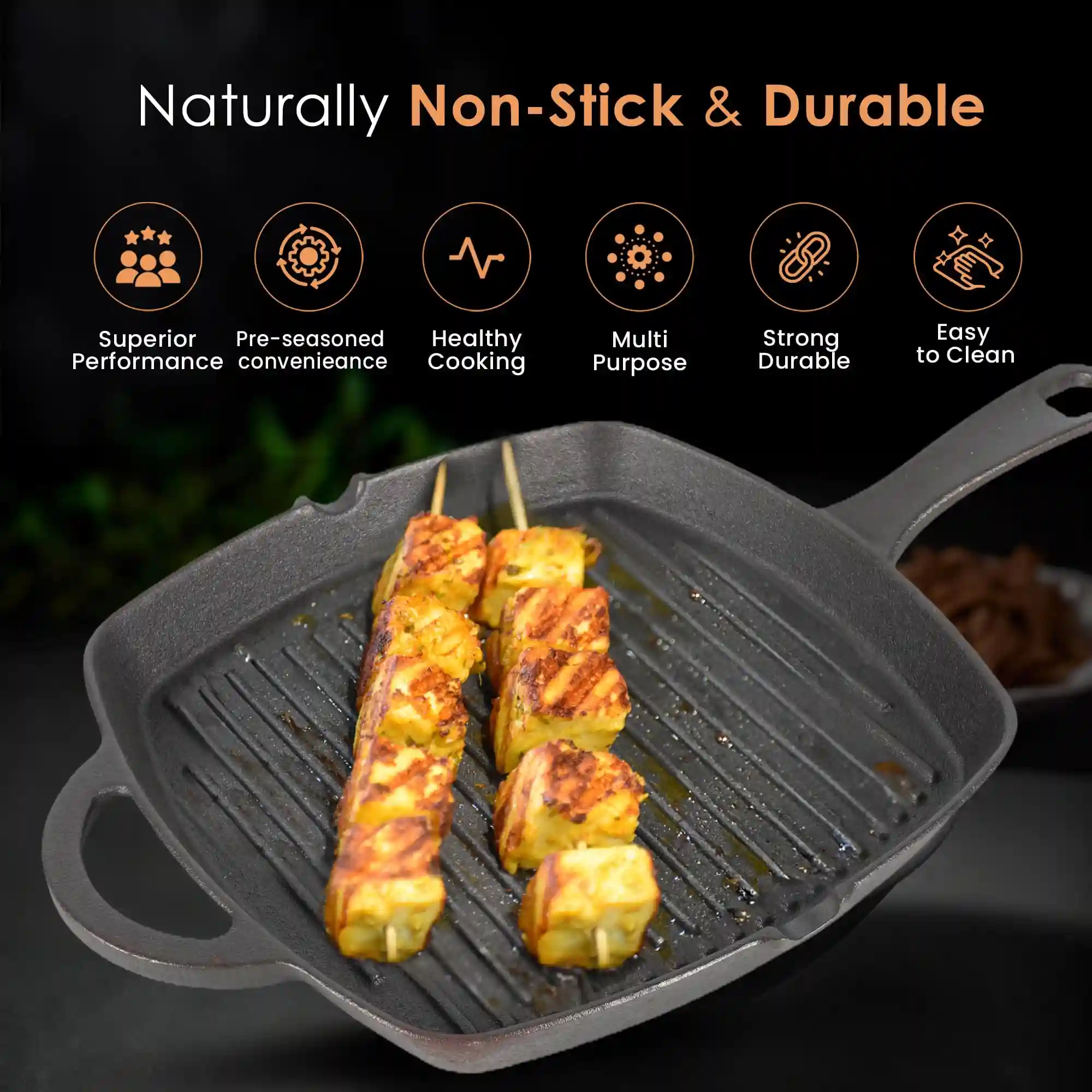 SOLARA Crownstone Premium Cast Iron Grill Pan with Long Handle, 10 Inch/24 Cm, Induction Friendly, 100% Pure & Toxin-Free Tandoor Grill Pan