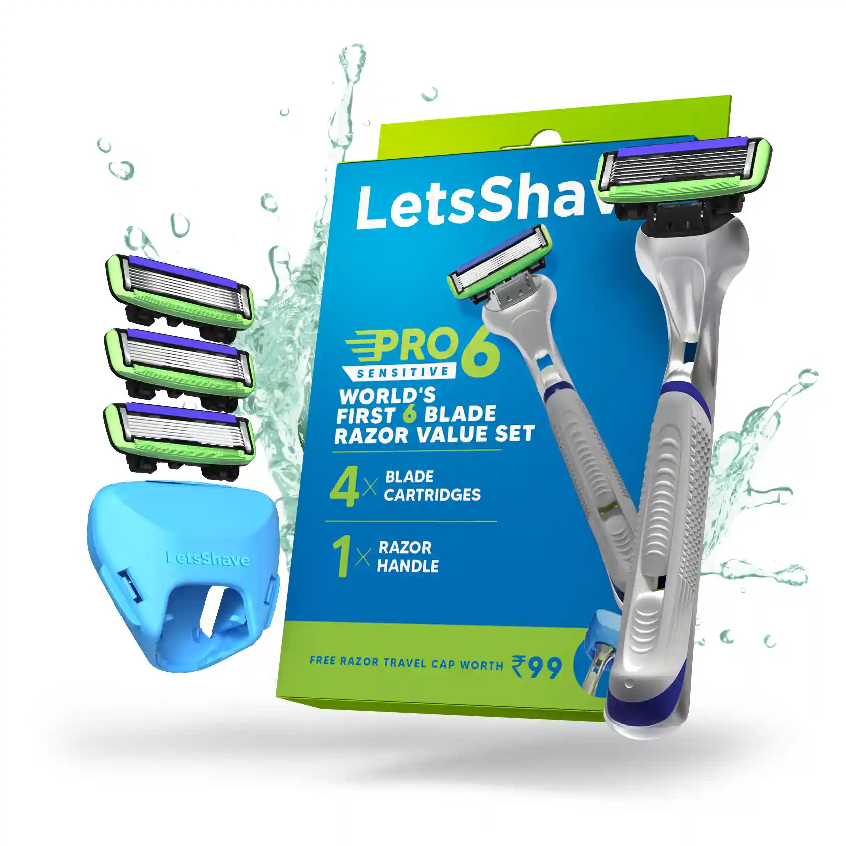 LetsShave Pro 6 Sensitive Face & Body Shaving Razor Value Set | World'S First 6-Blade Razor For Men | Argan Oil & Aloe Vera Infused Moisture Bar| Sold In 130 Countries - Razor + Pack Of 4 Blades + Razor Cap