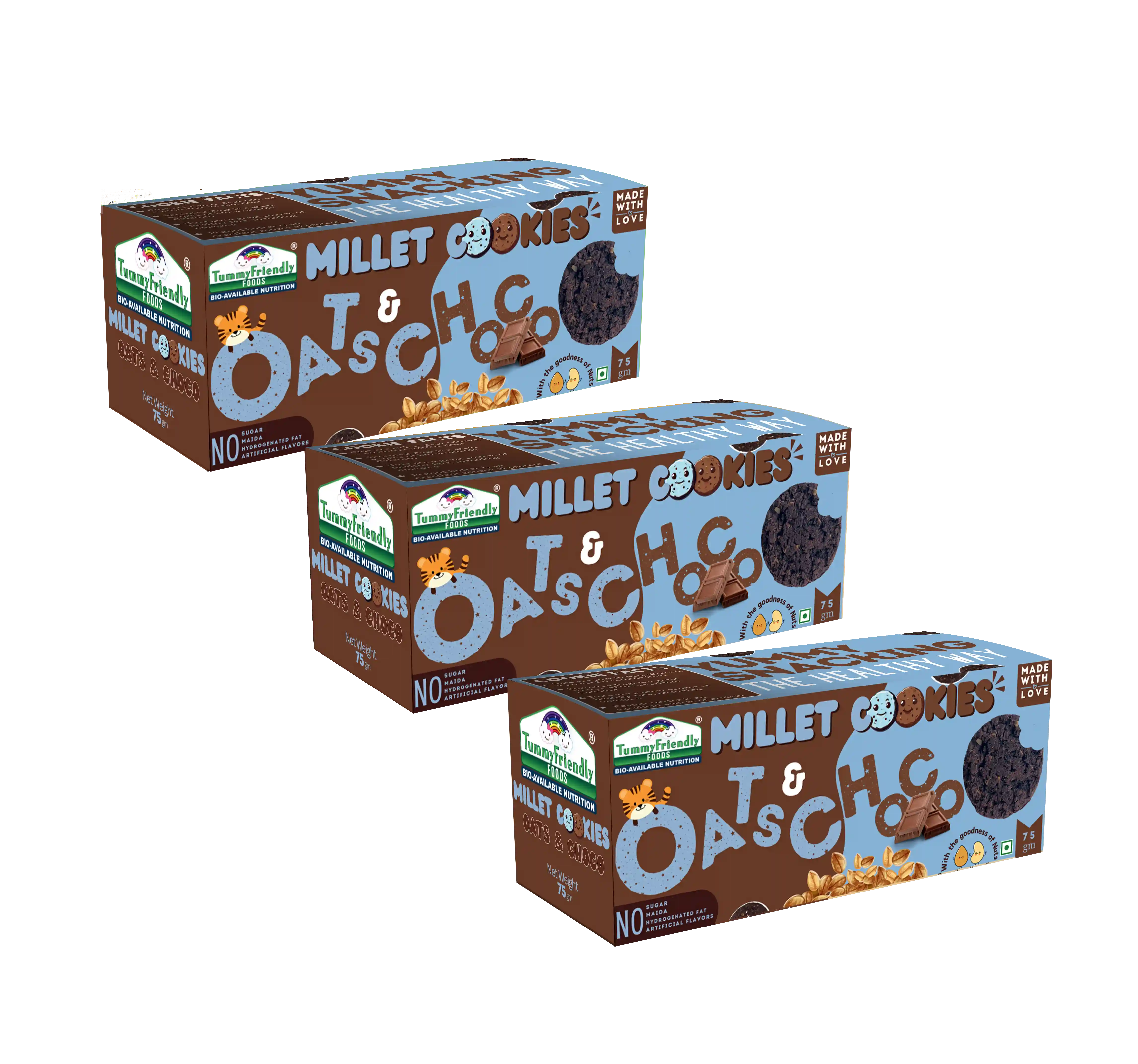 Tummy Friendly Foods Millet Cookies - Oat Choco - Pack Of 3 - 75G Each. Healthy Ragi Biscuits, Snacks For Baby, Kids & Adults