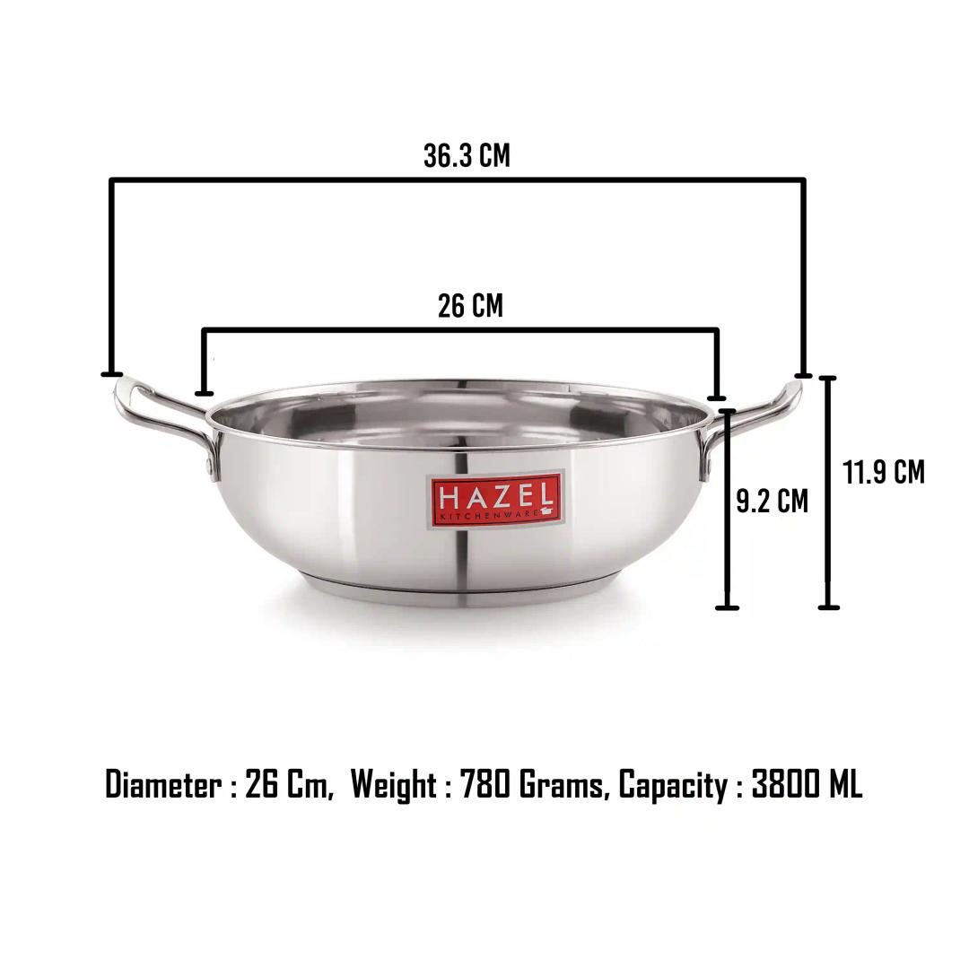 HAZEL Stainless Steel Induction Kadai |Induction Base Steel Kadai for Cooking | Dishwasher Safe Induction Cooktop Utensils, 26 cm, 3.8 Liter