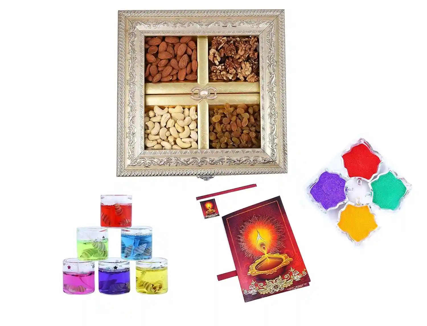 MANTOUSS Diwali Dry Fruit Combo-Cashew,Almond,Walnut and Raisin (100gms Each) 400gms + 2 Gel Filled Glass Candle,Diwali Greeting Card and Rangoli Colours