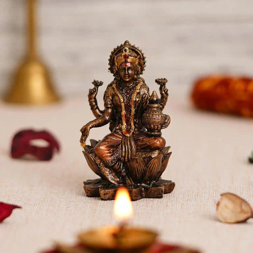 WEBELKART Premium Cold Cast Resin Laxmi Ji Idol Statue for Home and Office Decor| laxmi ji murti for Home and Diwali Pooja Decorations| Diwali Puja Idols (3.2 Inches, Bronze Finish)