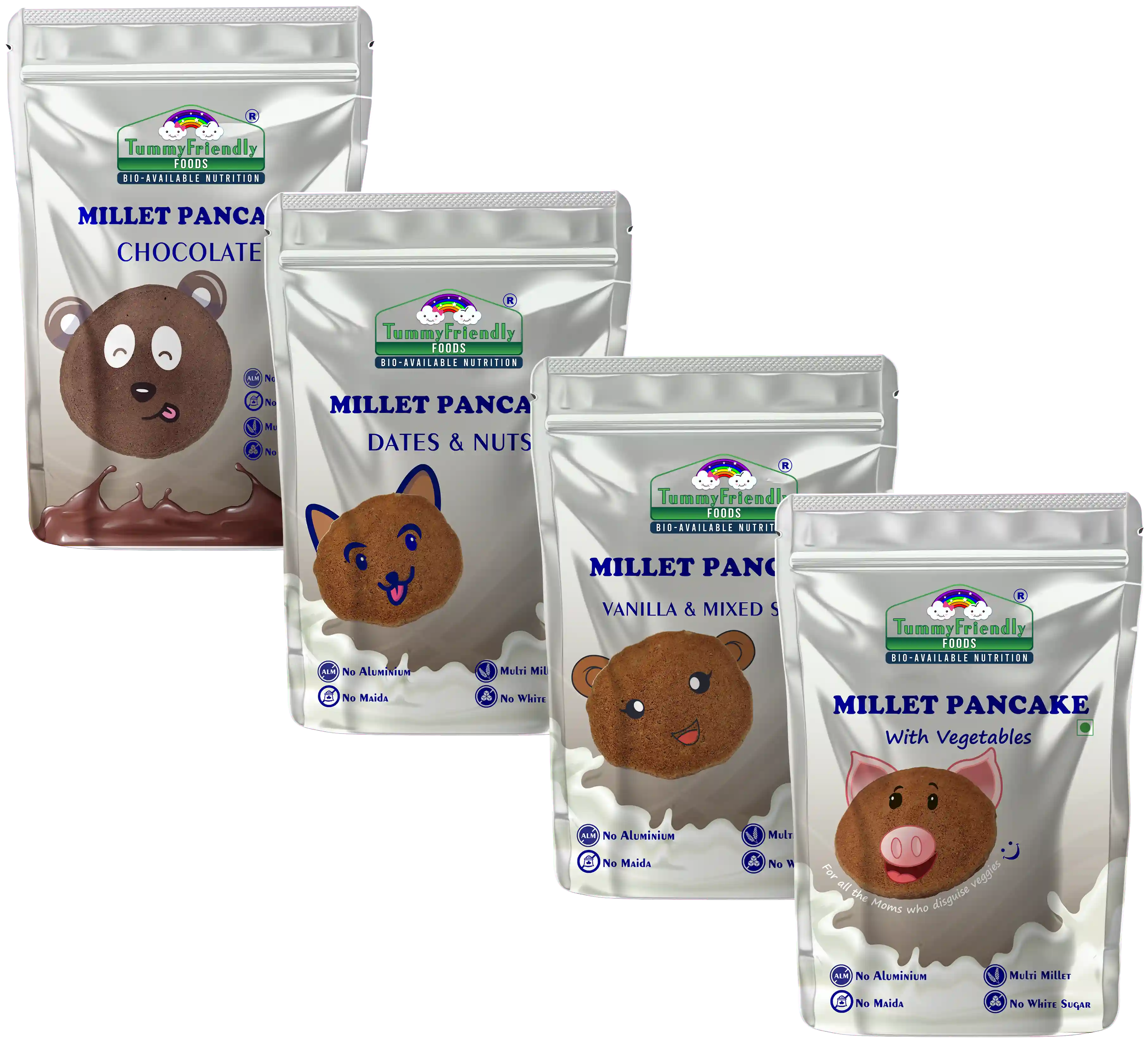 Tummyfriendly Foods Aluminium-Free Millet Pancake Mixes Trial Packs With Chocolate, Nuts, Veggies 50 G (Pack Of 4)