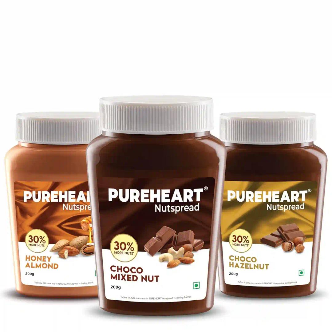 PUREHEART Nut Spread Combo of Honey Almond (200 gm) Choco Hazelnut (200 gm) and Choco Mixed Nut (200 gm) Creamy and Nutty Chocolate Spread for Breakfast