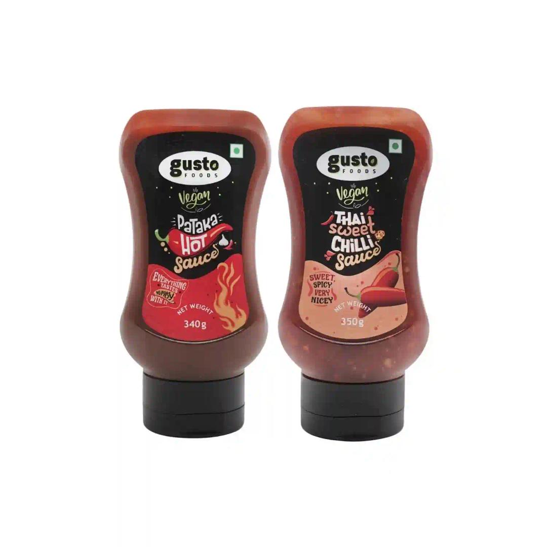 Gusto Foods Spicy Hot Chili Sauce (340g) And Thai Sweet Chili Sauce (350g) Combo (1 Each) | Original Thai Chilly Sauce with Extra Spicy Gluten Free Chili Garlic Sauce