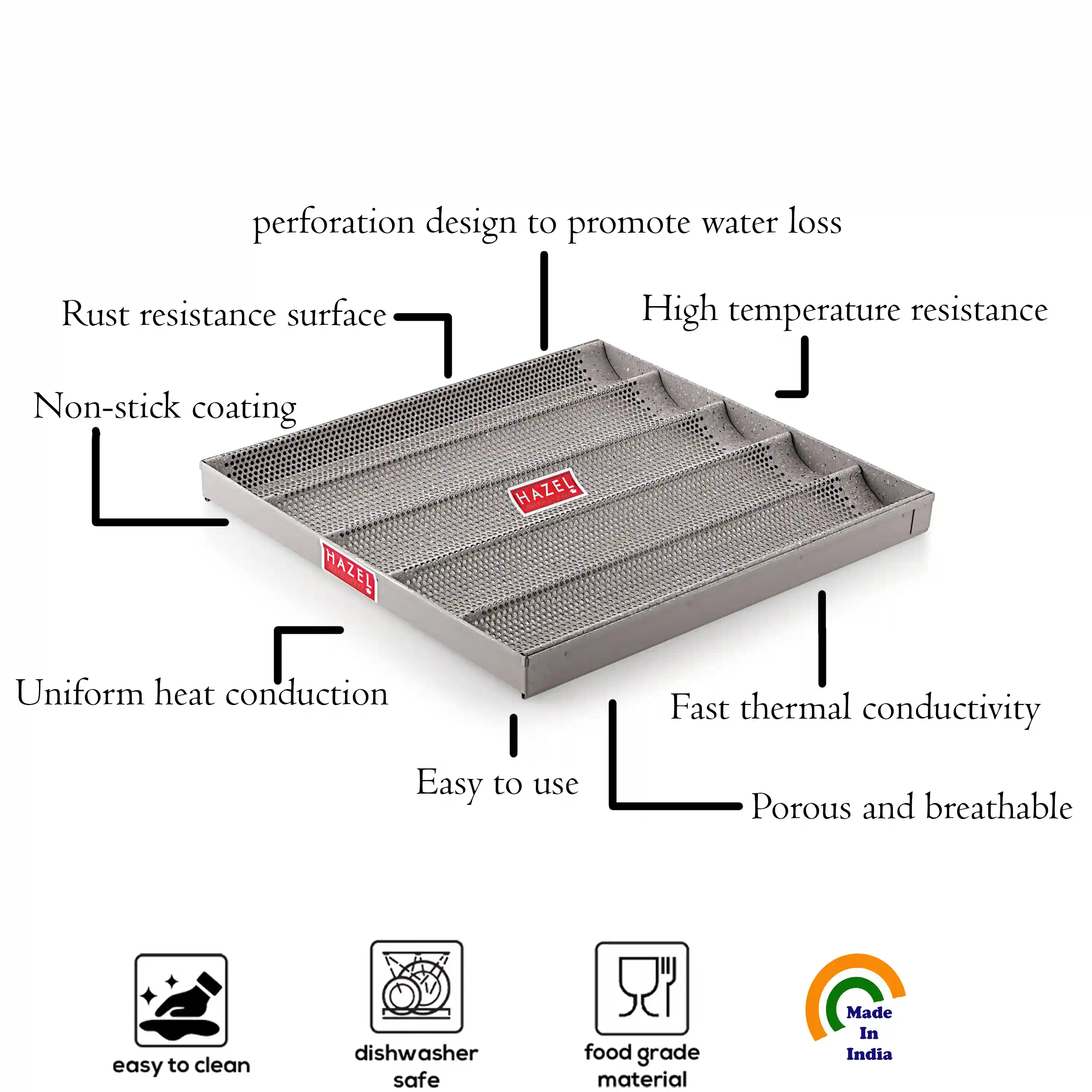 HAZEL Long French Bread Tray Heavy Gauge (16"x15") Aluminized Steel Non Stick Loaf Subway Mould Baguette Mold for Microwave Oven OTG Baking Pan, Grey