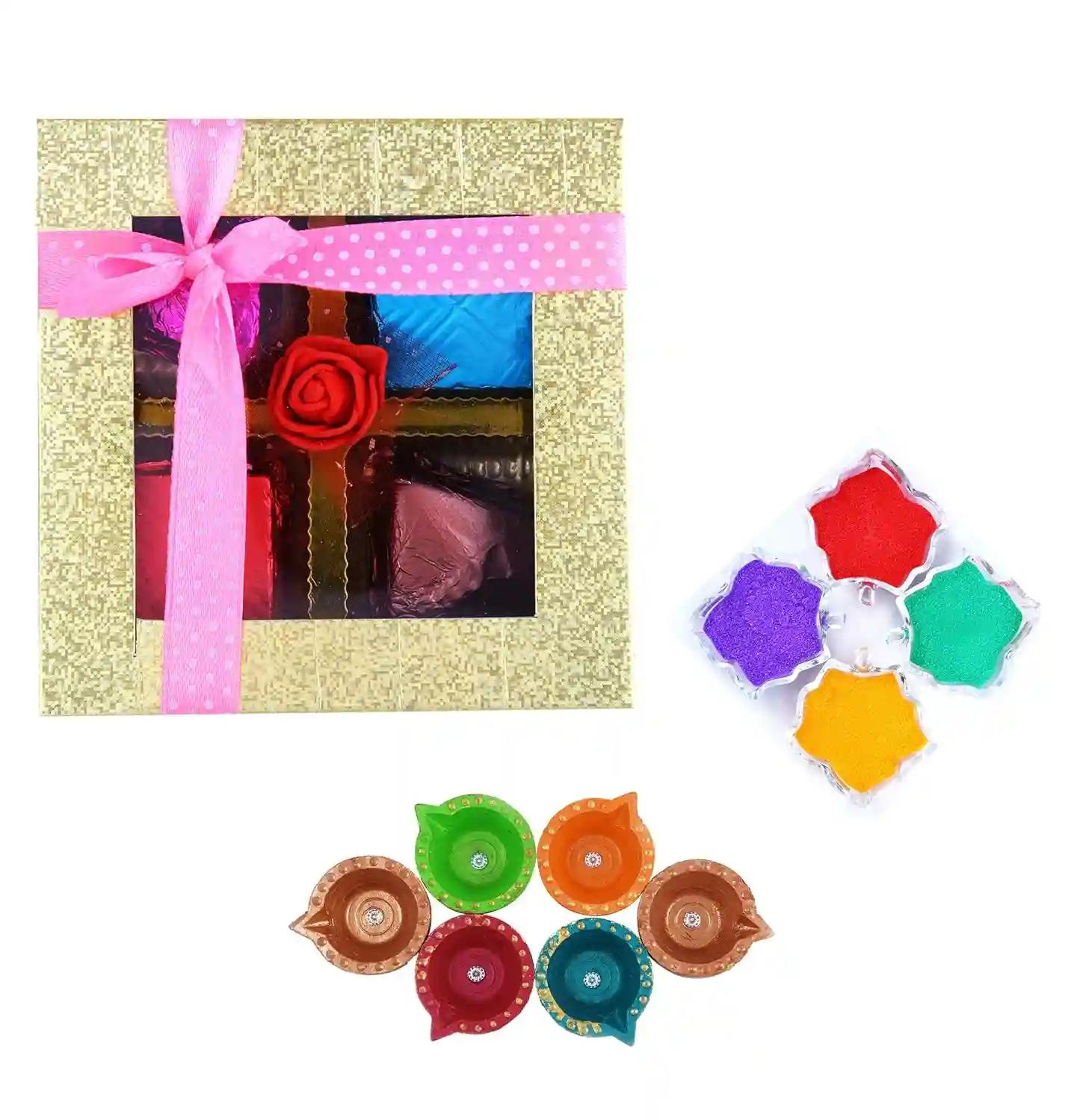 Mantouss Cute Diwali Chocolate Hamper+ 2 Cute Diya and Rangoli Colours