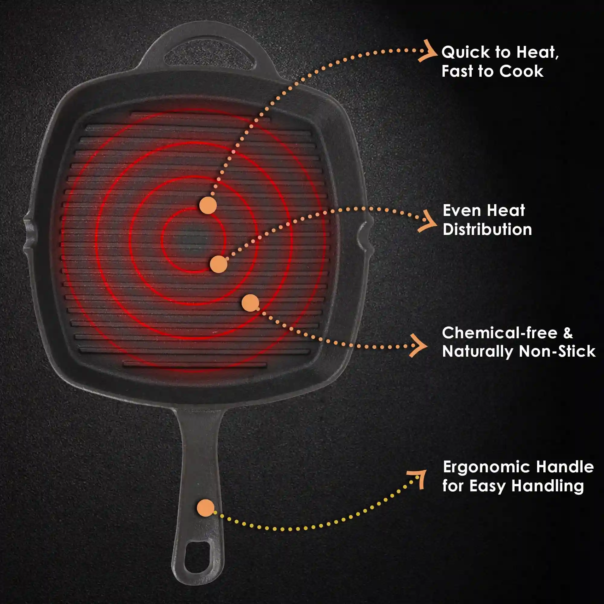 SOLARA Crownstone Premium Cast Iron Grill Pan with Long Handle, 10 Inch/24 Cm, Induction Friendly, 100% Pure & Toxin-Free Tandoor Grill Pan