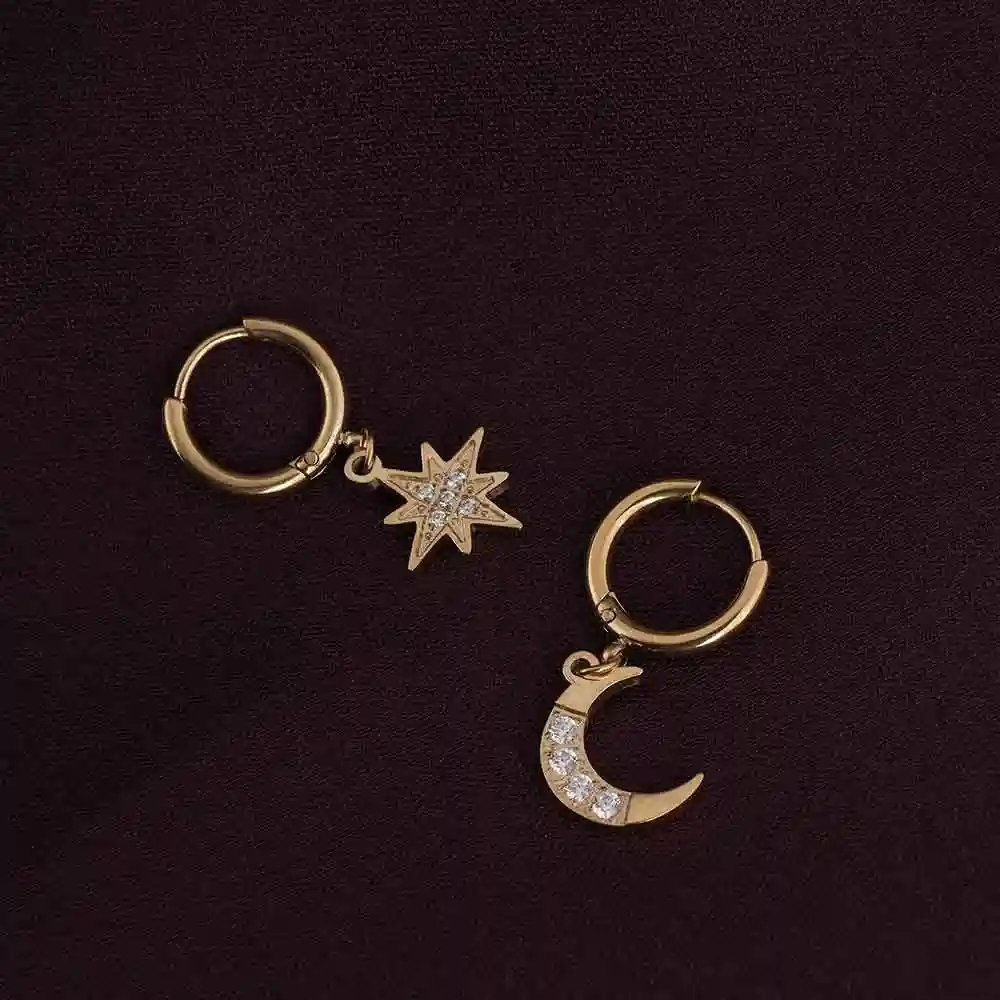 Palmonas 18K Gold Plated Studded Star Moon Hoop Earrings For Womens Waterproof & Anti-Tarnish