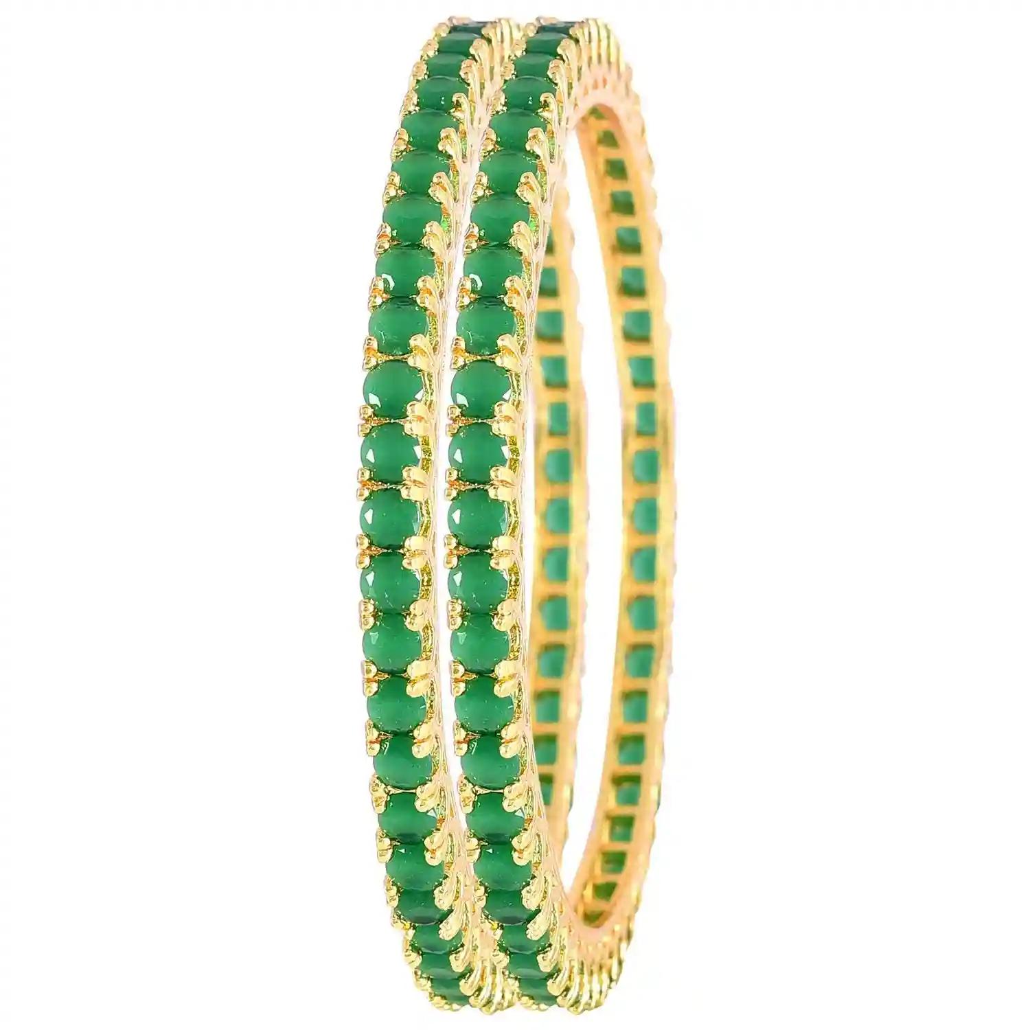 JEWELOPIA Elegant Emerald Stone Studded American Diamond Bangles 18k Gold Plated 2 PCs Handcrafted Round Solitaire AD Bangles Set for Women & Girls (2-8)