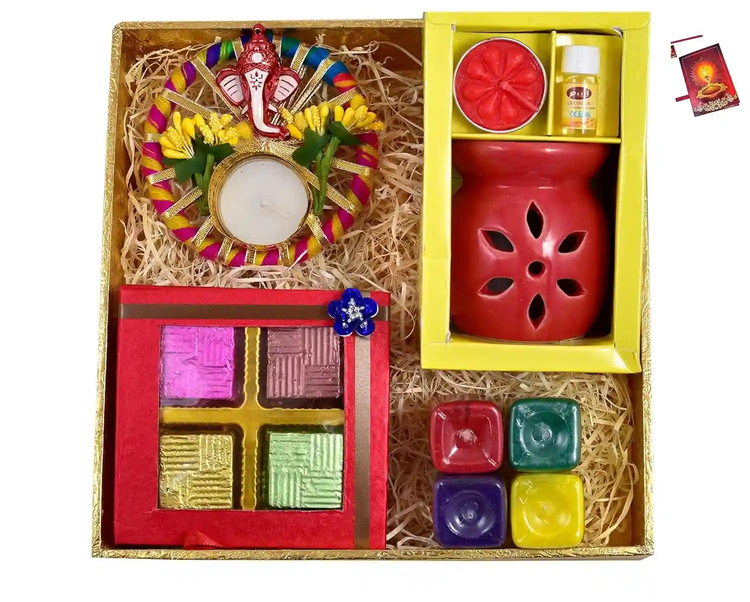 Diwali gift/Diwali gift hampers box/Diwali gift items/Diwali gifts for corporate employees-Decorated tray+Handmade chocolate box+1 decorative diya+ceramic oil diffuser+ rangoli colours+Diwali card