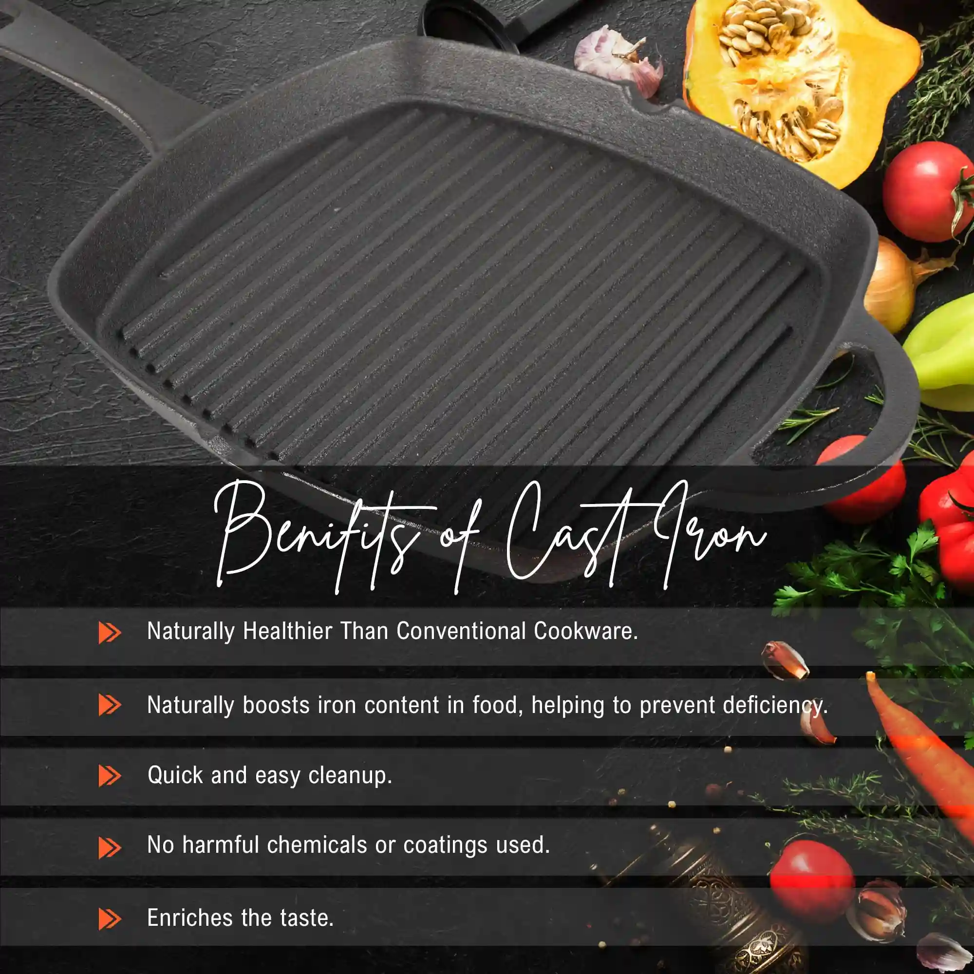 SOLARA Crownstone Premium Cast Iron Grill Pan with Long Handle, 10 Inch/24 Cm, Induction Friendly, 100% Pure & Toxin-Free Tandoor Grill Pan