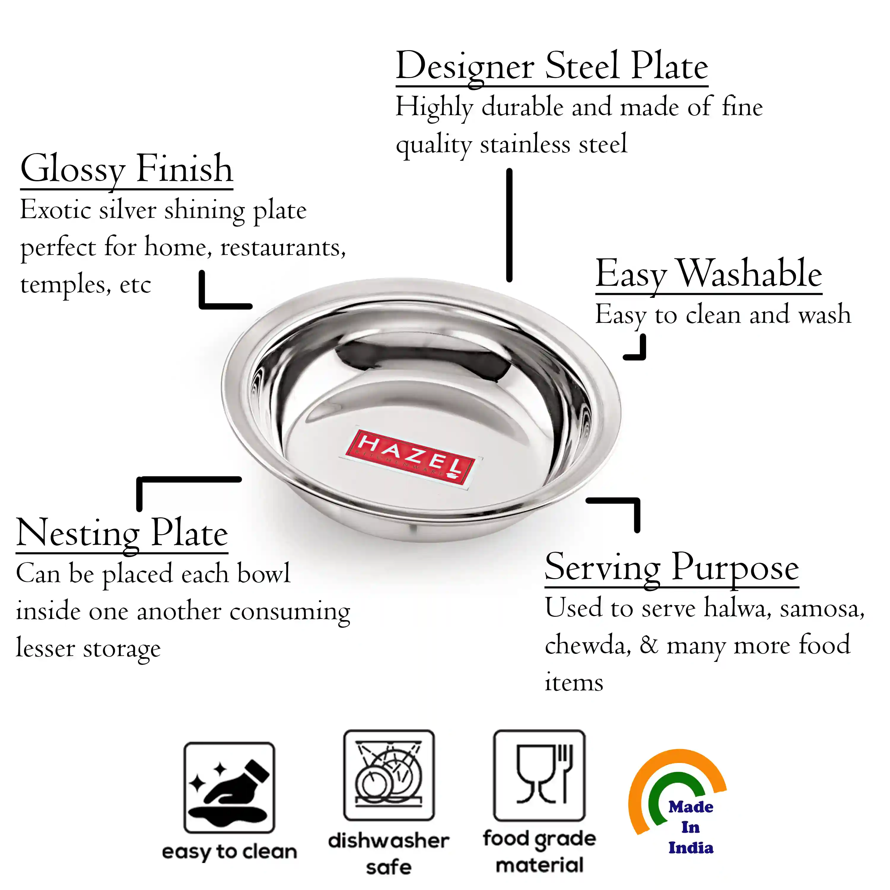 HAZEL Stainless Steel Snack Bowl/Plate Set | Small Steel Bowls Dish for Snacks | Breakfast Bowls, Set of 4, 600 ML