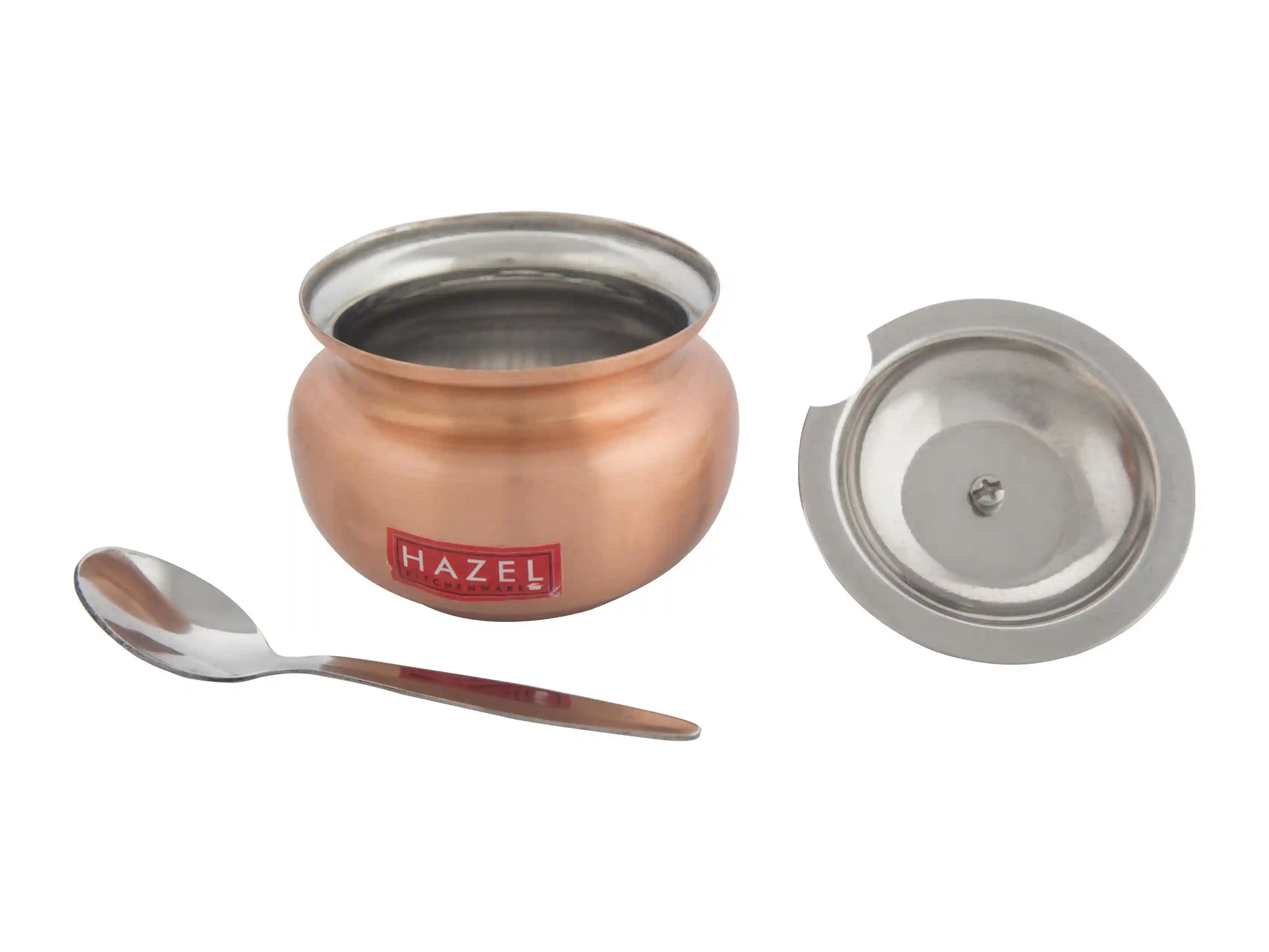 HAZEL Ghee Pot With Spoon | Copper Coated Stainless Steel Ghee Container For Kitchen | Premium Oil Container With Lid For Pooja Items, 150 ML