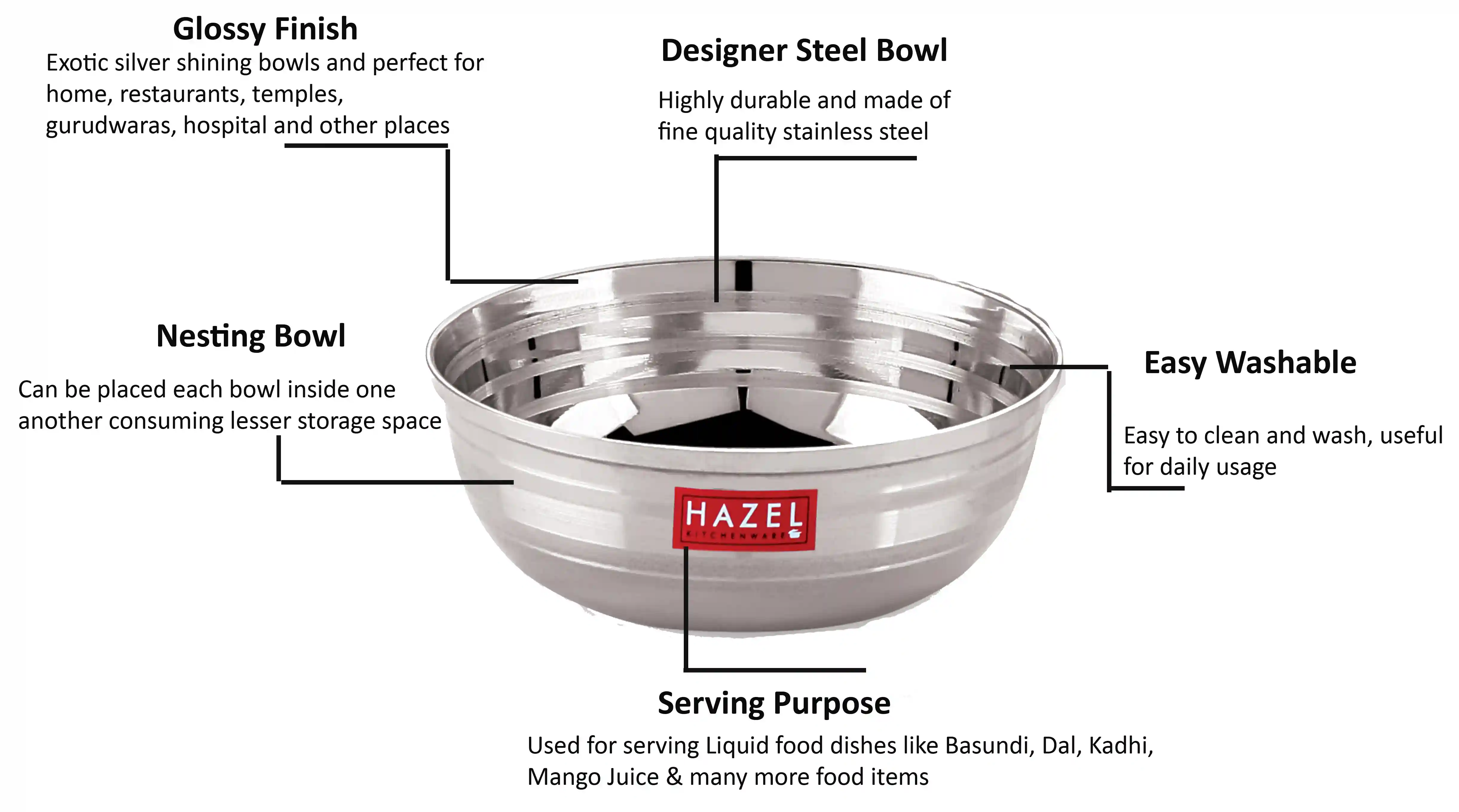HAZEL Stainless Steel Bowl Set | Steel Katori Set of 6, 150 ml Each | Kitchen Accessories Items | Katori Bowl for Serving with Glossy Finish for Daily Usage