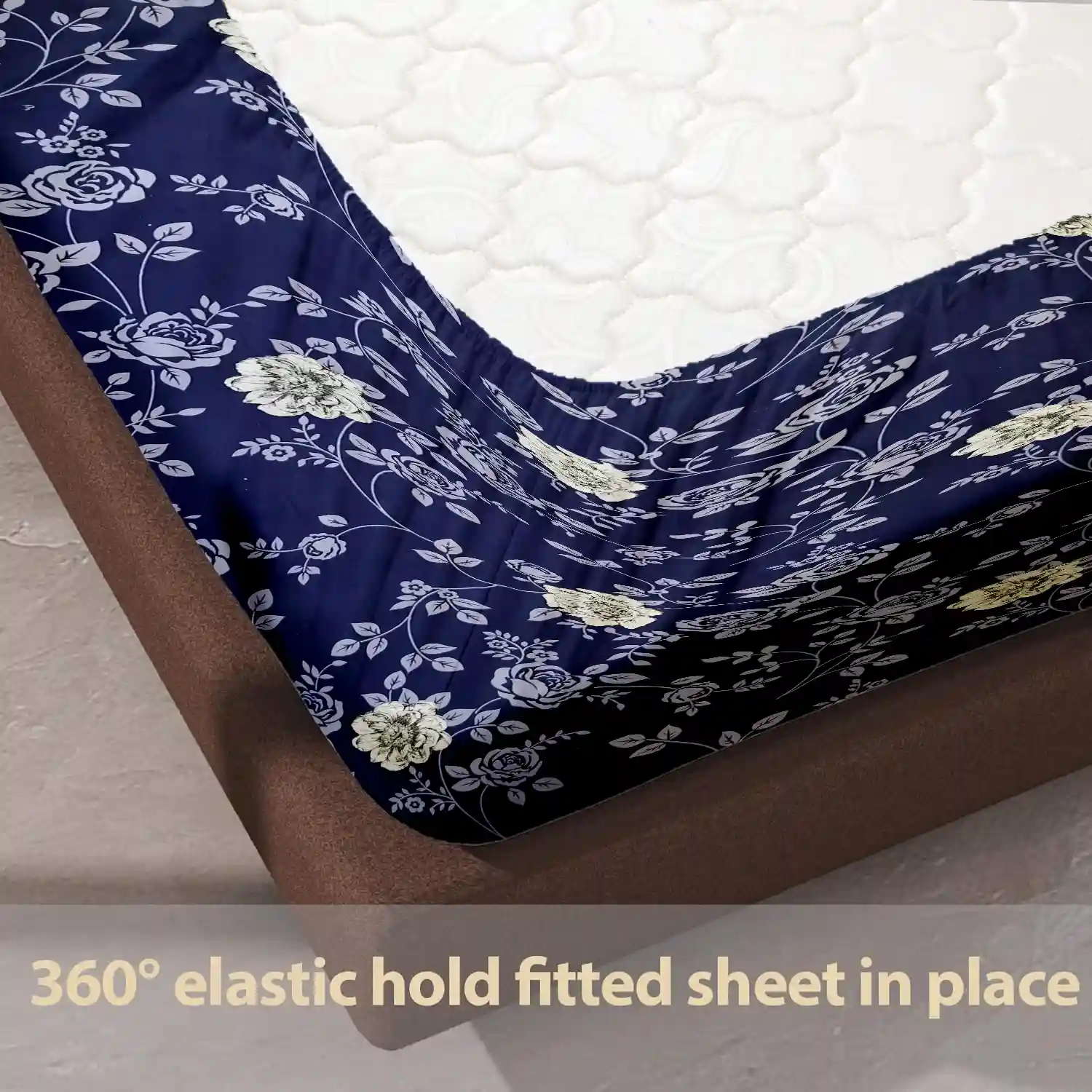 HOMIEE Glace Cotton Elastic Fitted Bed Sheet for Double Bed, Soft, Breathable & Durable Chadar with Deep Pockets, Wrinkle-Resistant, Fade-Proof & Perfect for All Seasons - Bluewood
