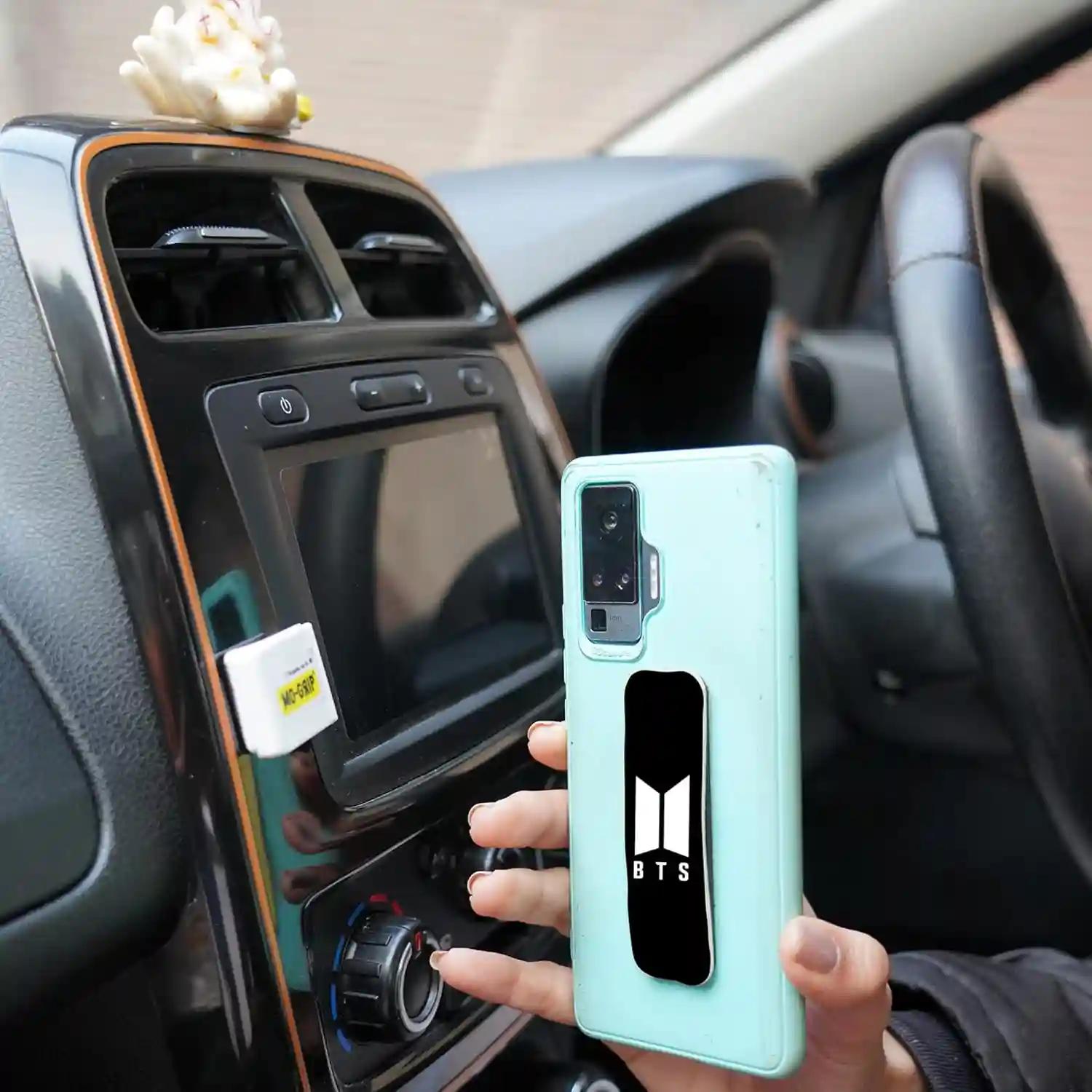 MO-GRIP Finger Grip + Car Mobile Clip Holder Combo with 3M Strong Adhesive Tape | 90° Rotation Sturdy Stick-on Universal Car Dashboard Mobile Phone Holder, Wall/Car Mount - BTS