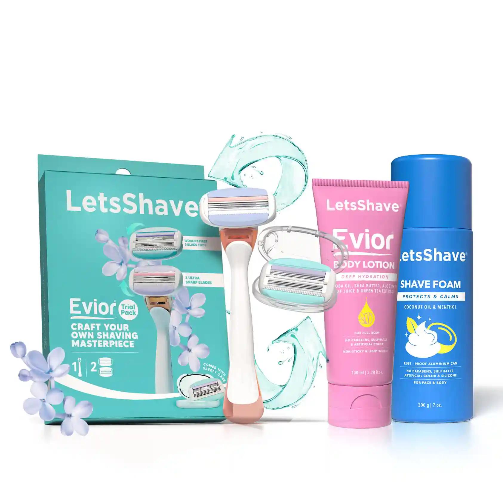 LetsShave Evior Trail Kit | Complete Care Kit For Women | Eviro 6 Razor, Shave Foam 200G, Body Lotion | Shave Foam & Soothing Body Lotion