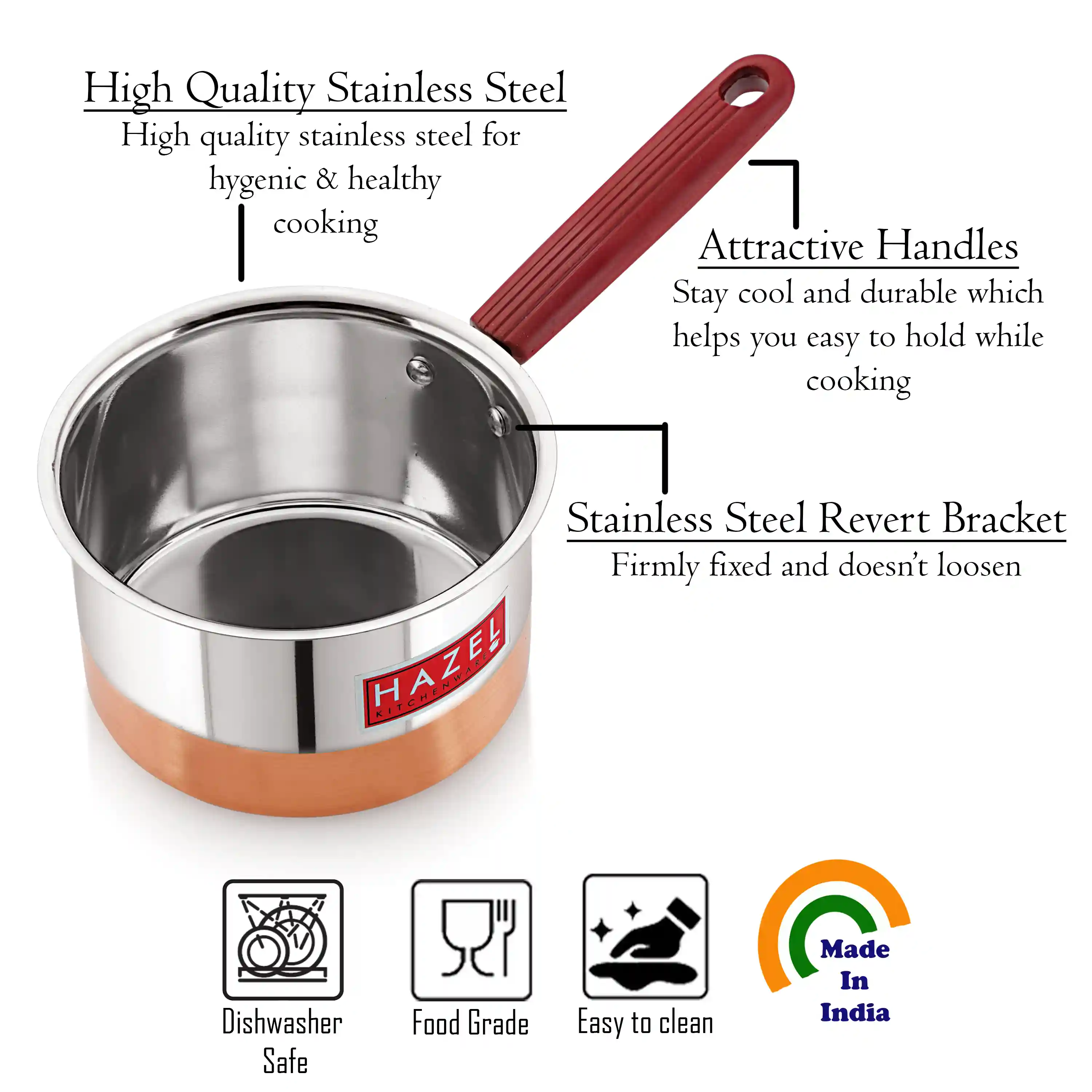 Hazel Alfa Premium Heavy Gauge Stainless Steel Flat Patila Sauce Pan Cookware with Copper Bottom (1.5 LTR), Silver & Copper