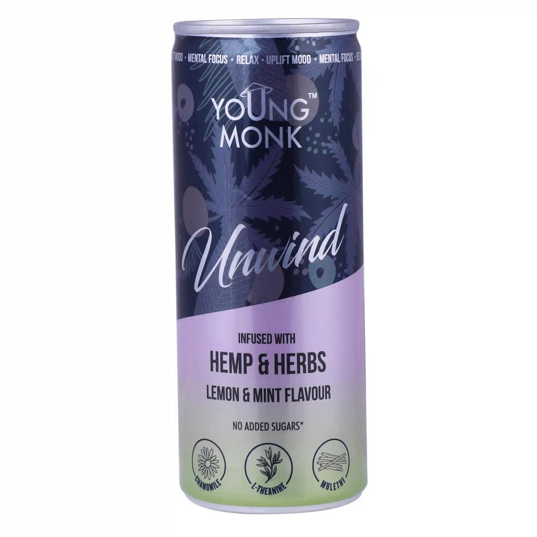 Young Monk Unwind Cans Drink - Lemon & Mint Flavour - Ready To Serve Fruit Beverage - No Added Sugar - 250 ML (Pack of 6)