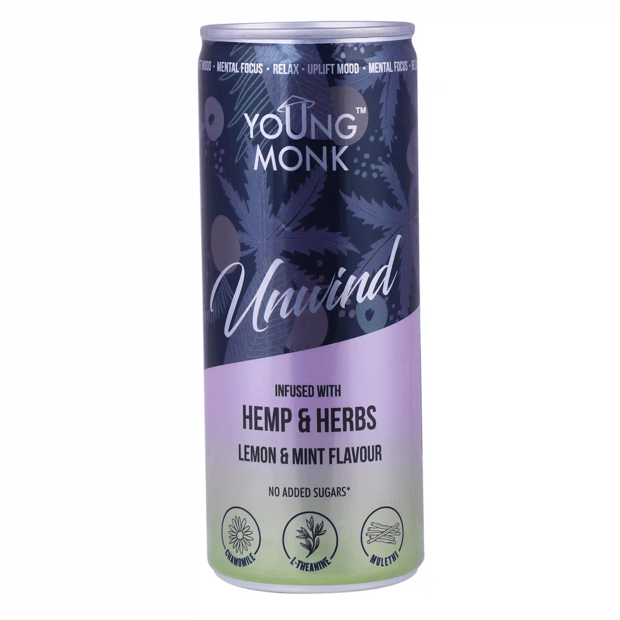 Young Monk Unwind Cans Drink - Lemon & Mint Flavour - Ready To Serve Fruit Beverage - No Added Sugar - 250 ML (Pack of 6)
