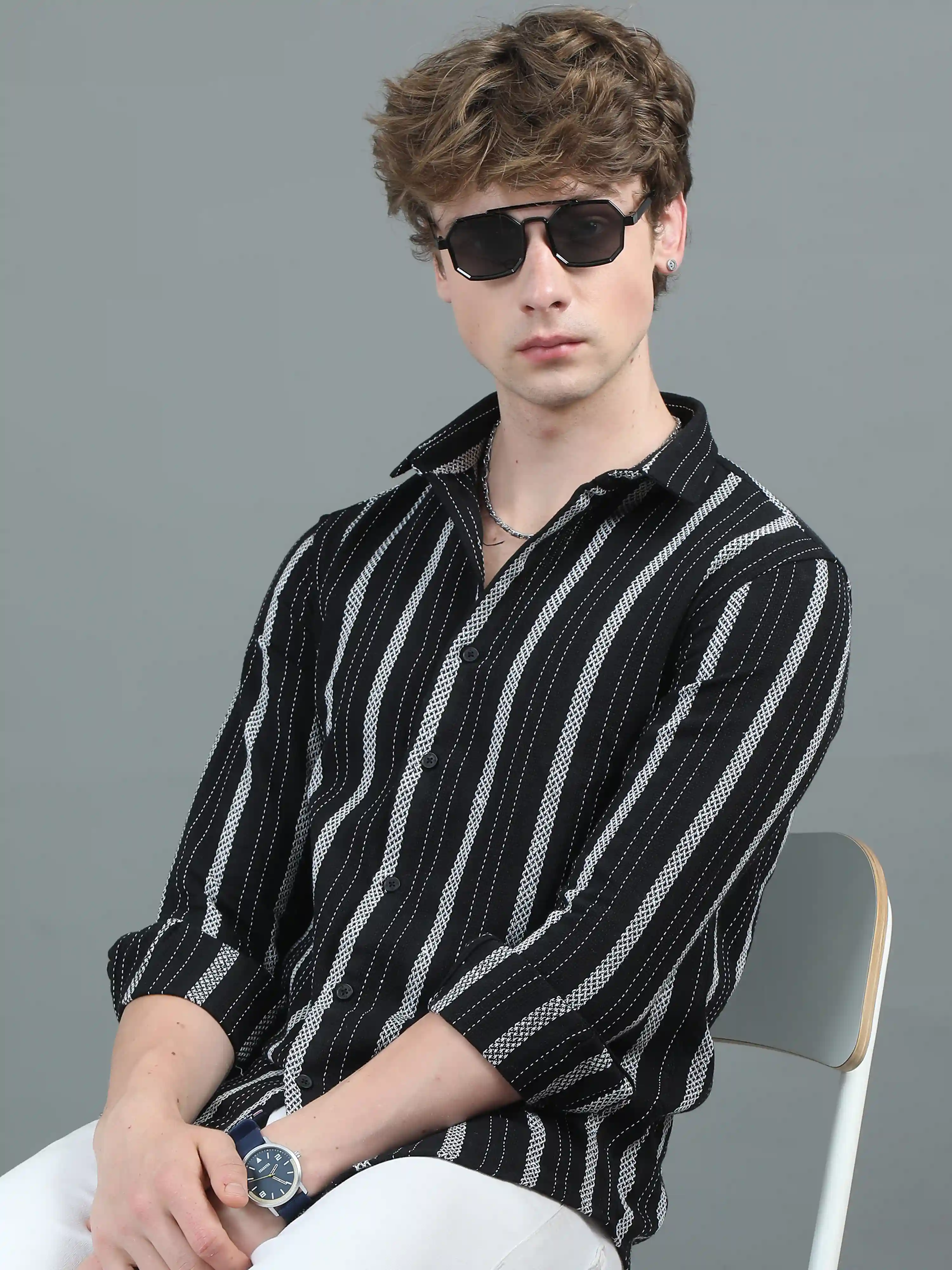 Black Ascot Striped Shirt M