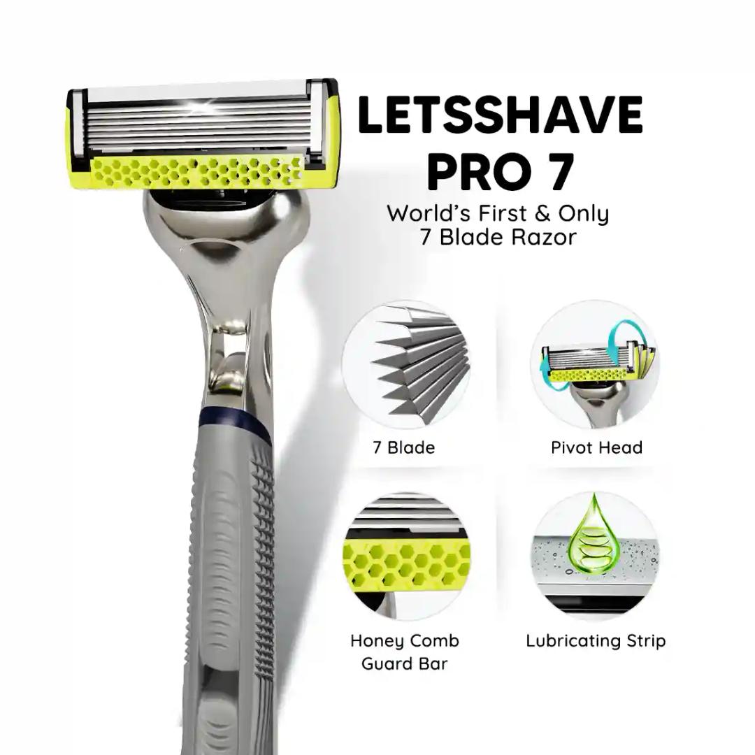 LetsShave Pro 7 Max Value Set Shaving Razor for Men with 1 Handle & 4 Blades + Razor Cap World's First 7-Blade Razor with Honey Comb Bar, Shaving Kit