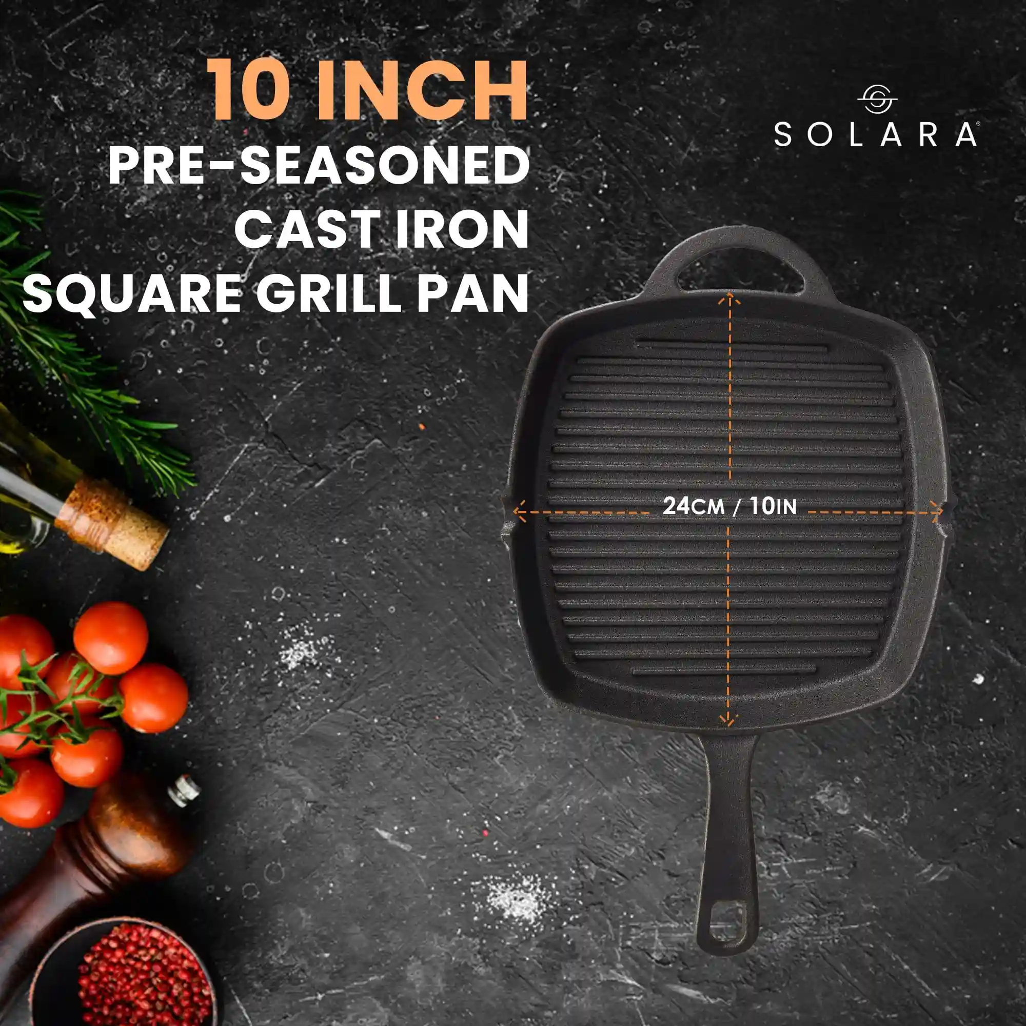 SOLARA Crownstone Premium Cast Iron Grill Pan with Long Handle, 10 Inch/24 Cm, Induction Friendly, 100% Pure & Toxin-Free Tandoor Grill Pan