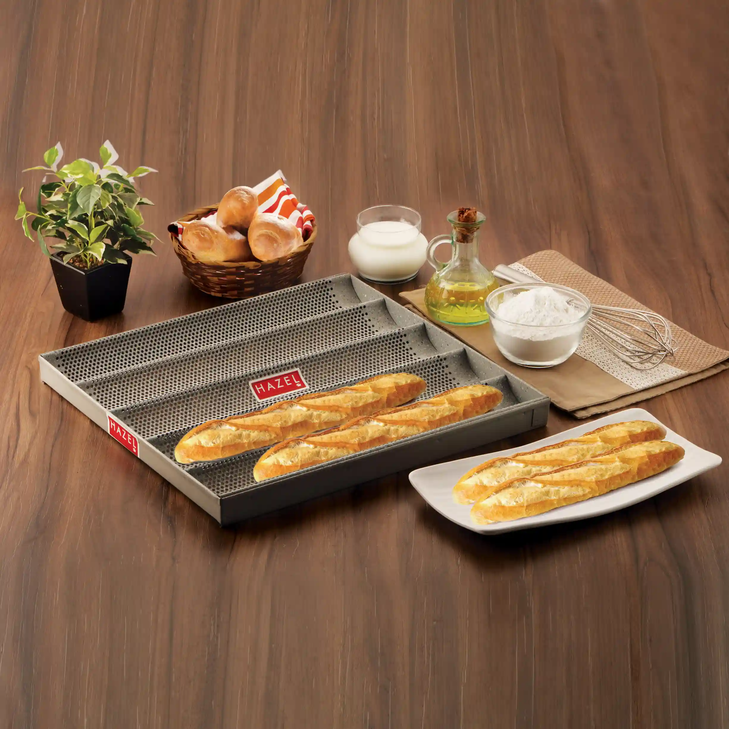 HAZEL Long French Bread Tray Heavy Gauge (16"x15") Aluminized Steel Non Stick Loaf Subway Mould Baguette Mold for Microwave Oven OTG Baking Pan, Grey