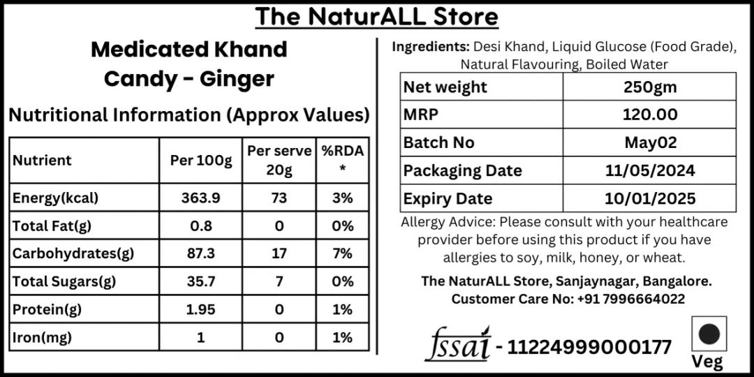 NutriEarth Medicated Khand Candy - Ginger - 250 gm