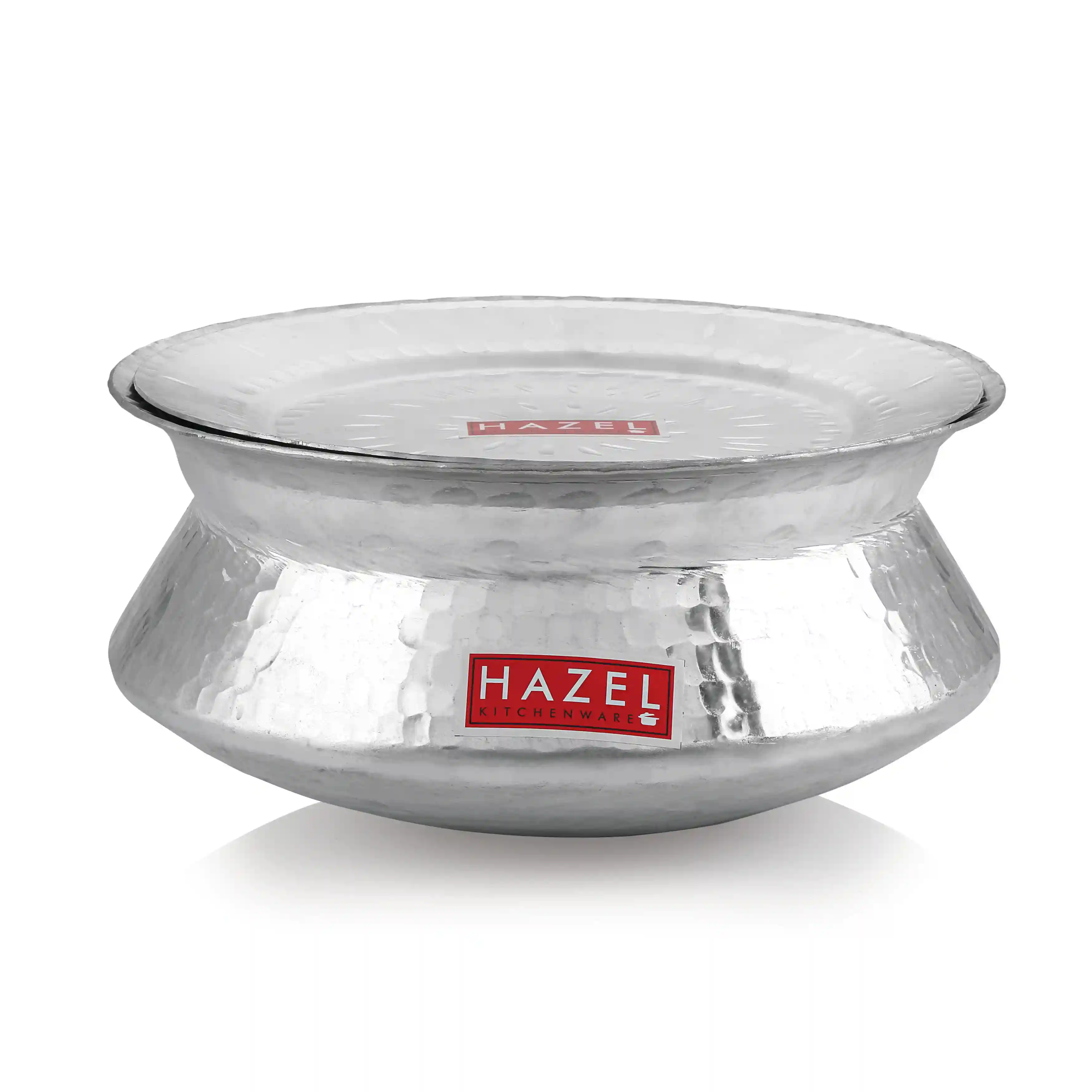 HAZEL Aluminium Hammered Finish Handi with Lid Biryani Rice Cooking Pot Dhari Patiya Tope Patila Vessel, 24 cm, 3600 ML Silver