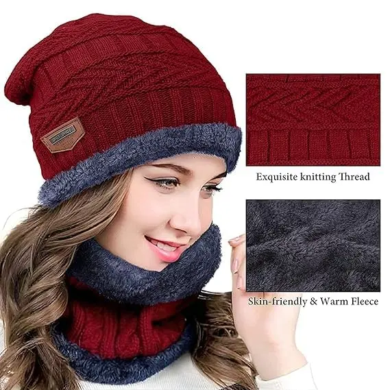 YOUTH ROBE - Premium Brand Knitted Winter Cap & Neck Scarf with fleece,Unisex Beanie Cap with Neck Warmer for Women,Thermal Cap, Fluffy Woolen Cap (set of gloves and cap) Maroon