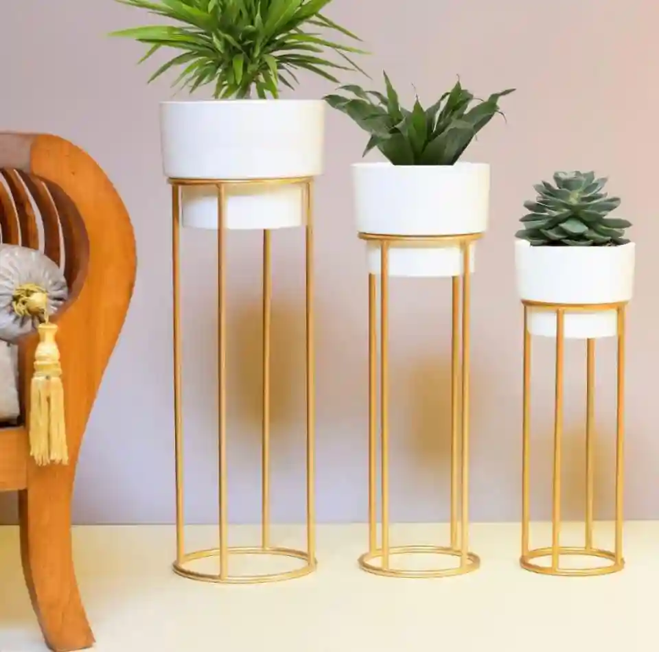 AMASS HANDICRAFTS Modern Metal Floor Flower Stands for Living Room Bedroom Display Plant Stand Tall Indoor Plant Stand with Planter Pot (Set of 3)