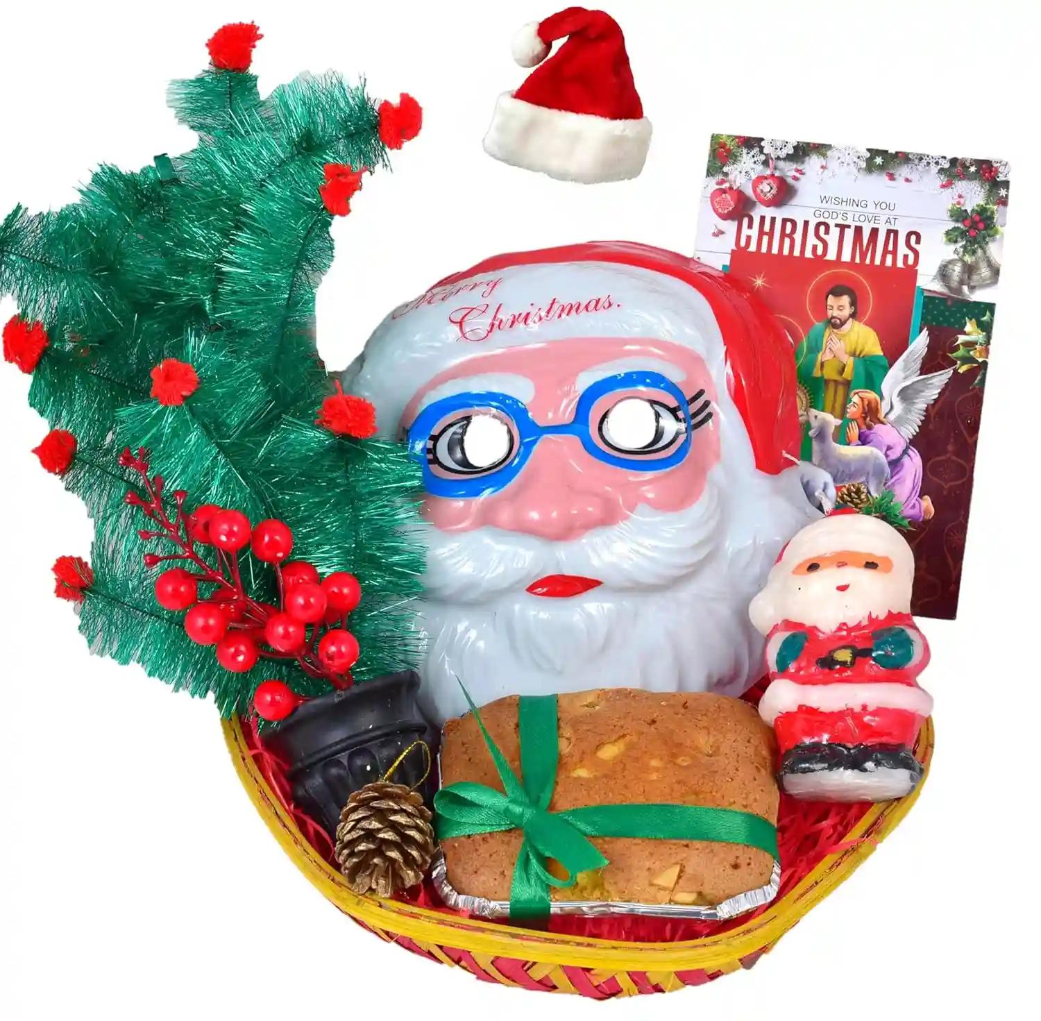 Christmas Gift Box/Christmas Gift Hamper/Christmas Cake Gift-Decorated Basket+200gm veg plum Cake+Christmas Tree+Santa Claus mask+Santa Claus Candle+Bunch of Decorative Cherry+Pine Cone+Christmas Card