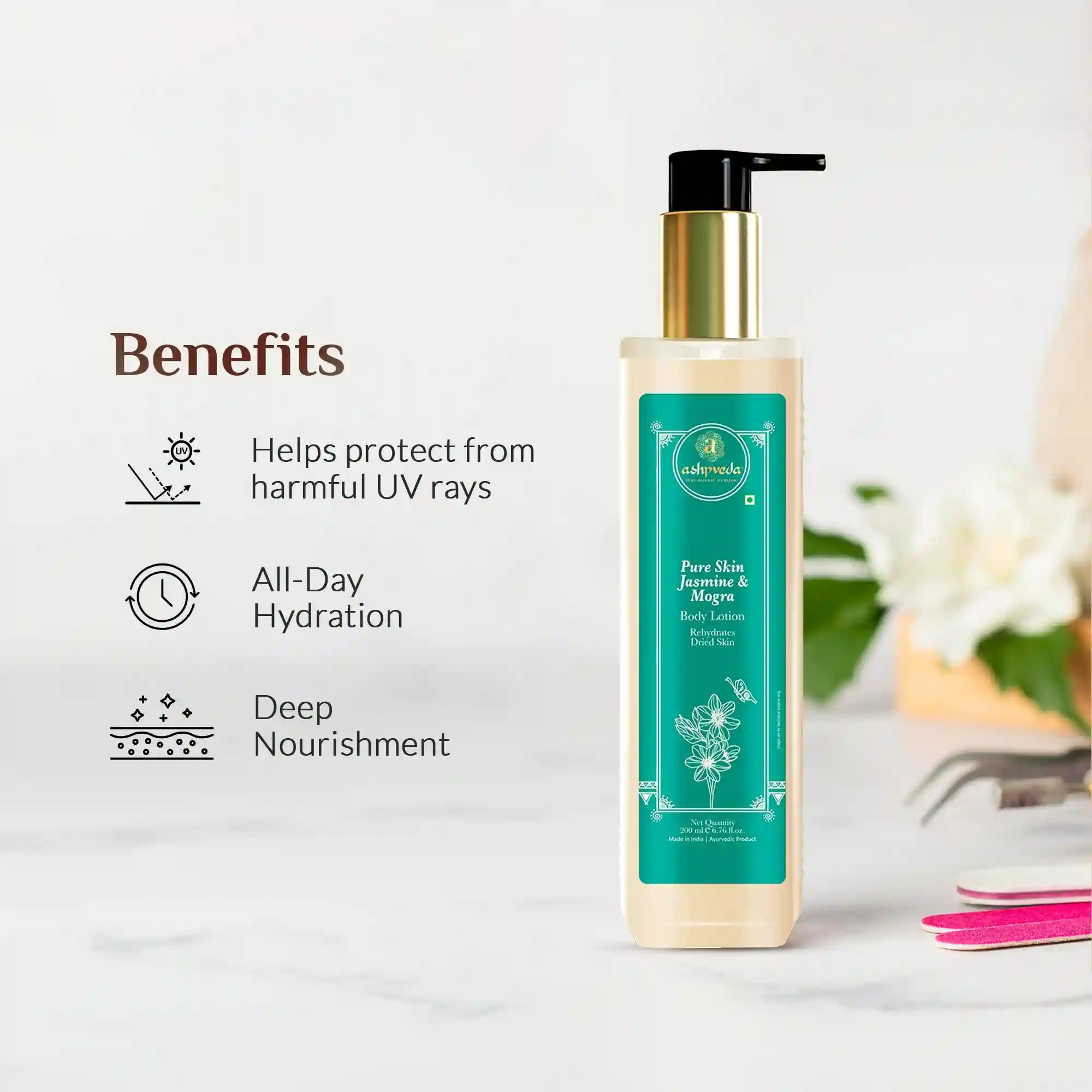 ASHPVEDA Jasmine & Mogra Winter Body Lotion | Ultra Hydrating and UV Protection Body Lotion for Dry Skin (30 ml)