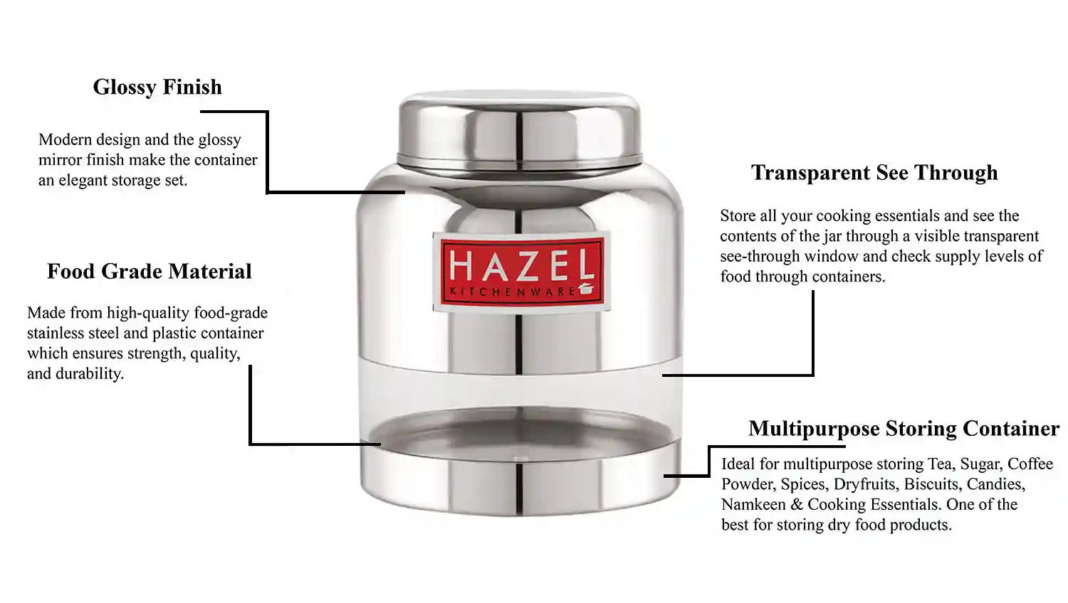 HAZEL Stainless Steel Transparent Container Glossy Finish Airtight See Through Jar Barni Set of 2, 1500 ML, Silver