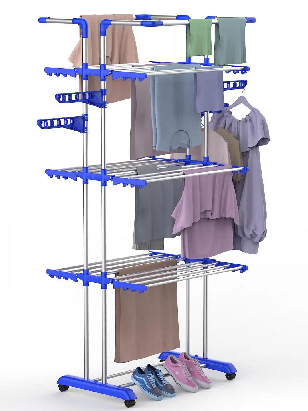 H Houseware Stainless Steel Heavy Duty Double Pole 4 Layer Jumbo Cloth Drying Stand For Balcony (4 Tier Cloth Stand)