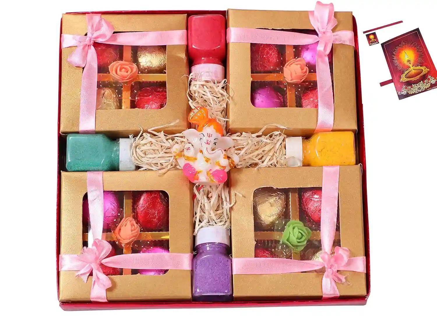 Diwali gift hamper for employees/Diwali gift items for corporate employee/Diwali gift hamper-4 boxes of Handcrafted Chocolates+Showpiece figurine+rangoli colours+Deepawali greeting card