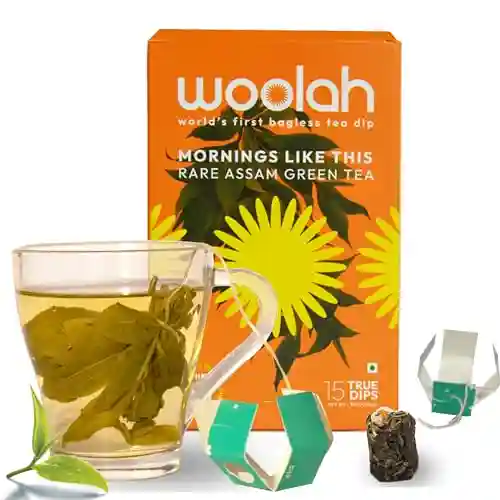 Woolah Rare Assam Green Tea World's 1st Bagless Whole Leaf Organic Tea Dip 15 Pcs (30 Cups) Single Origin Tea Naturally Anti-Oxidant Relieves Stress Plastic-Free Pack Of 1 - Tea Dips, 0.03 Kg