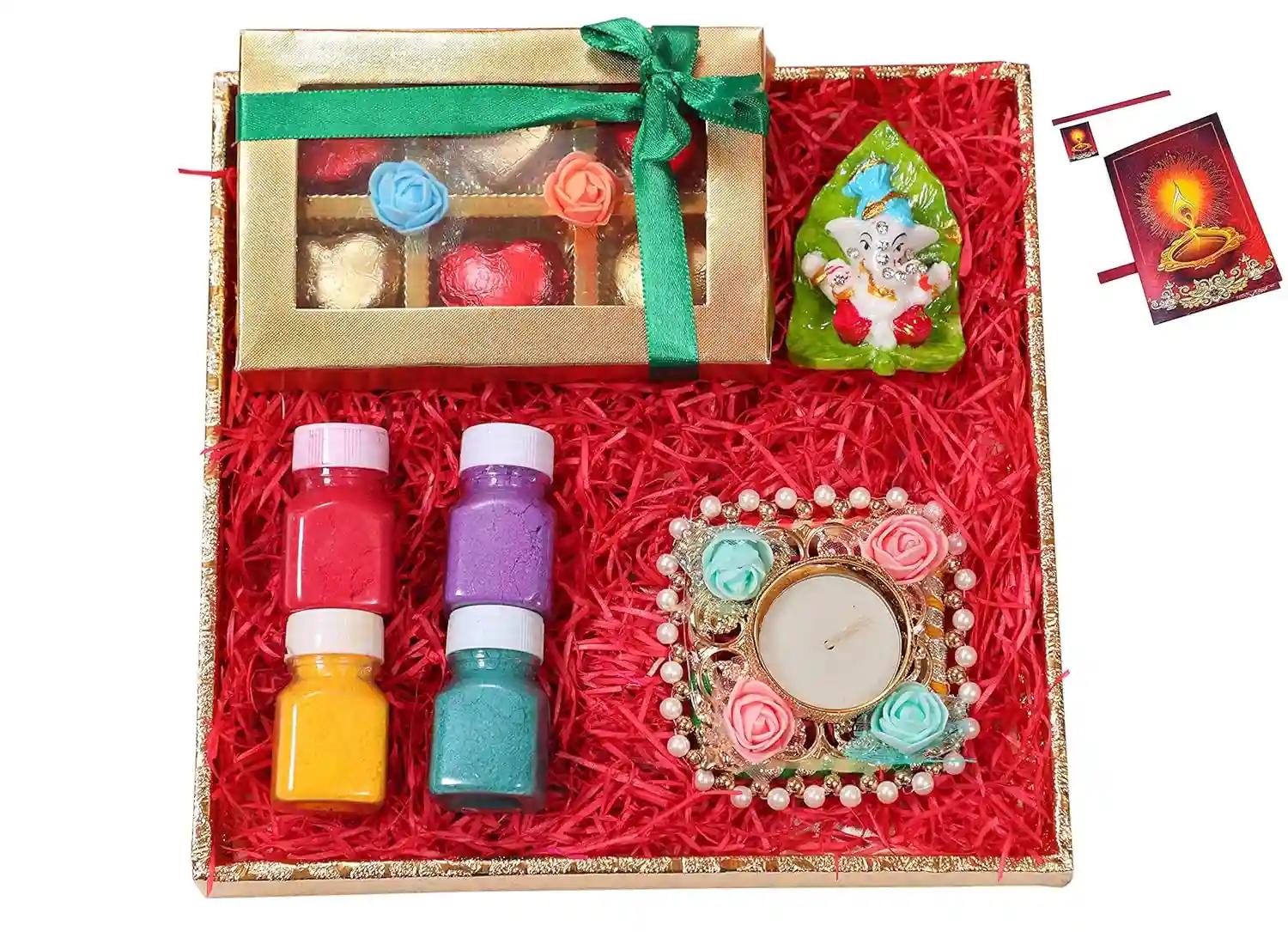 Diwali chocolate gift hamper/Diwali chocolates/Diwali gifts/Diwali gift hamper-Designer tray+ box of Handcrafted Chocolates+Designer diya+Showpiece figurine+rangoli colours+Deepawali greeting card