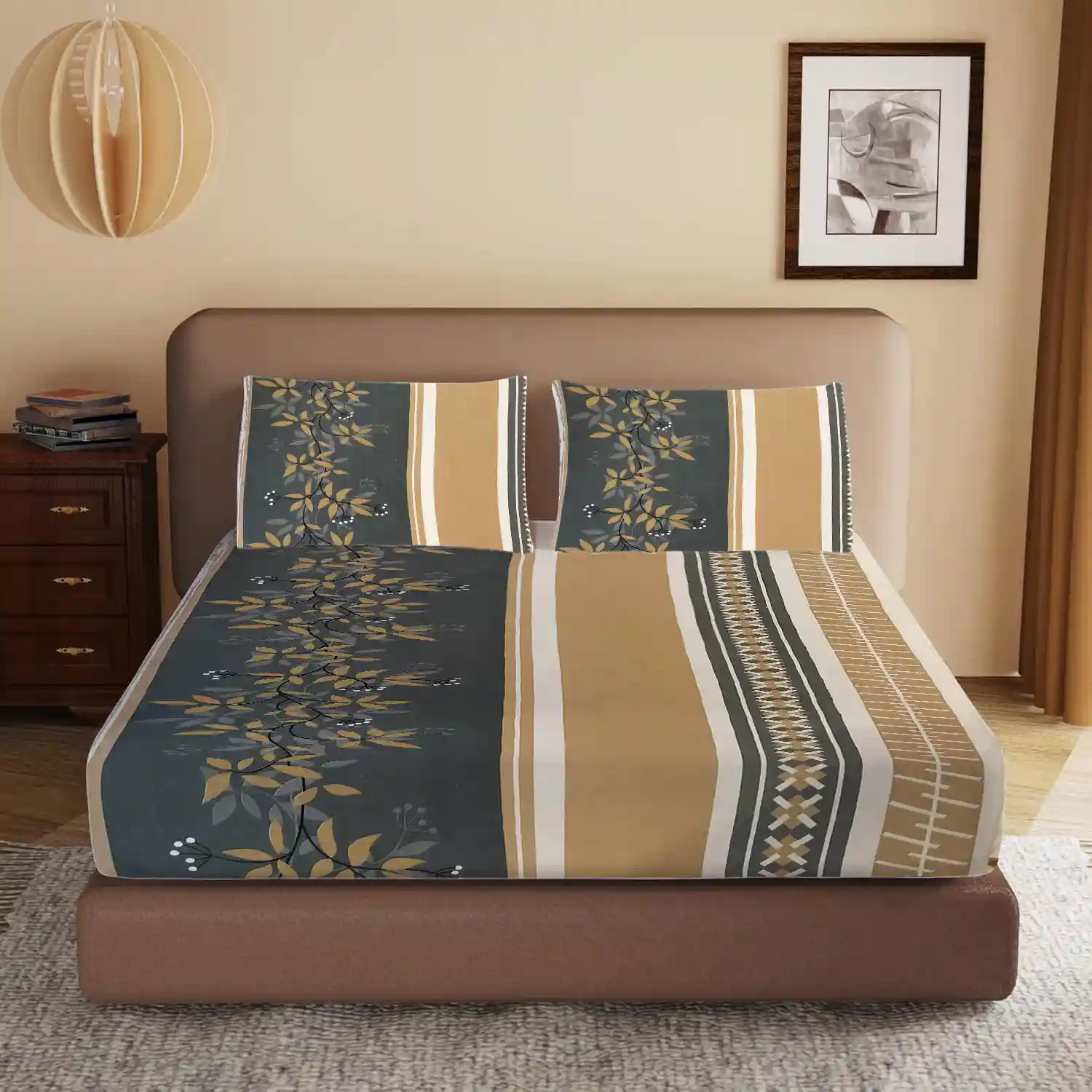 HOMIEE Glace Cotton Elastic Fitted Bed Sheet for Double Bed, Soft, Breathable & Durable Chadar with Deep Pockets, Wrinkle-Resistant, Fade-Proof & Perfect for All Seasons - Lion