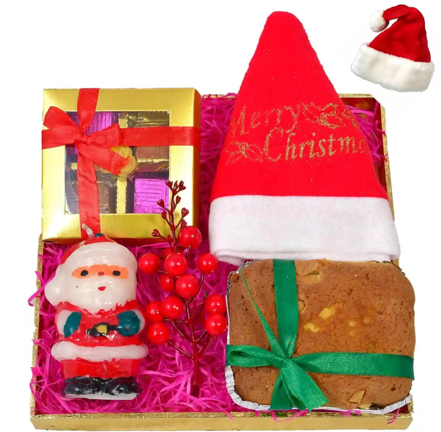 Christmas gift/Christmas hamper/christmas gift box/christmas gift set/christmas cake-200gms veg plum cake+A box of chocolote+Santa Claus candle+A bunch of cherry for decor+Santa Claus themed cap+card