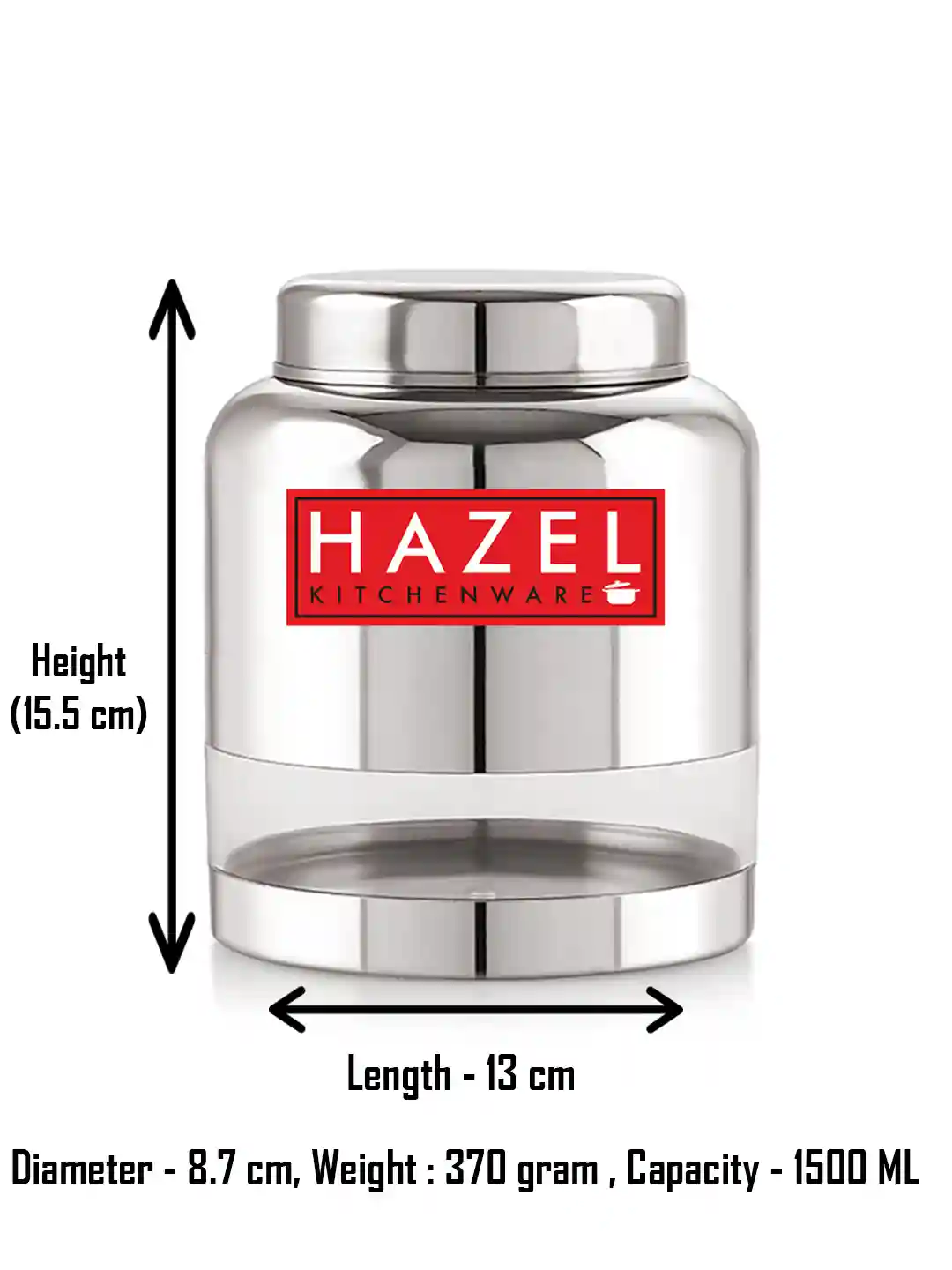 HAZEL Stainless Steel Transparent Container Glossy Finish Airtight See Through Jar Barni Set of 2, 1500 ML, Silver
