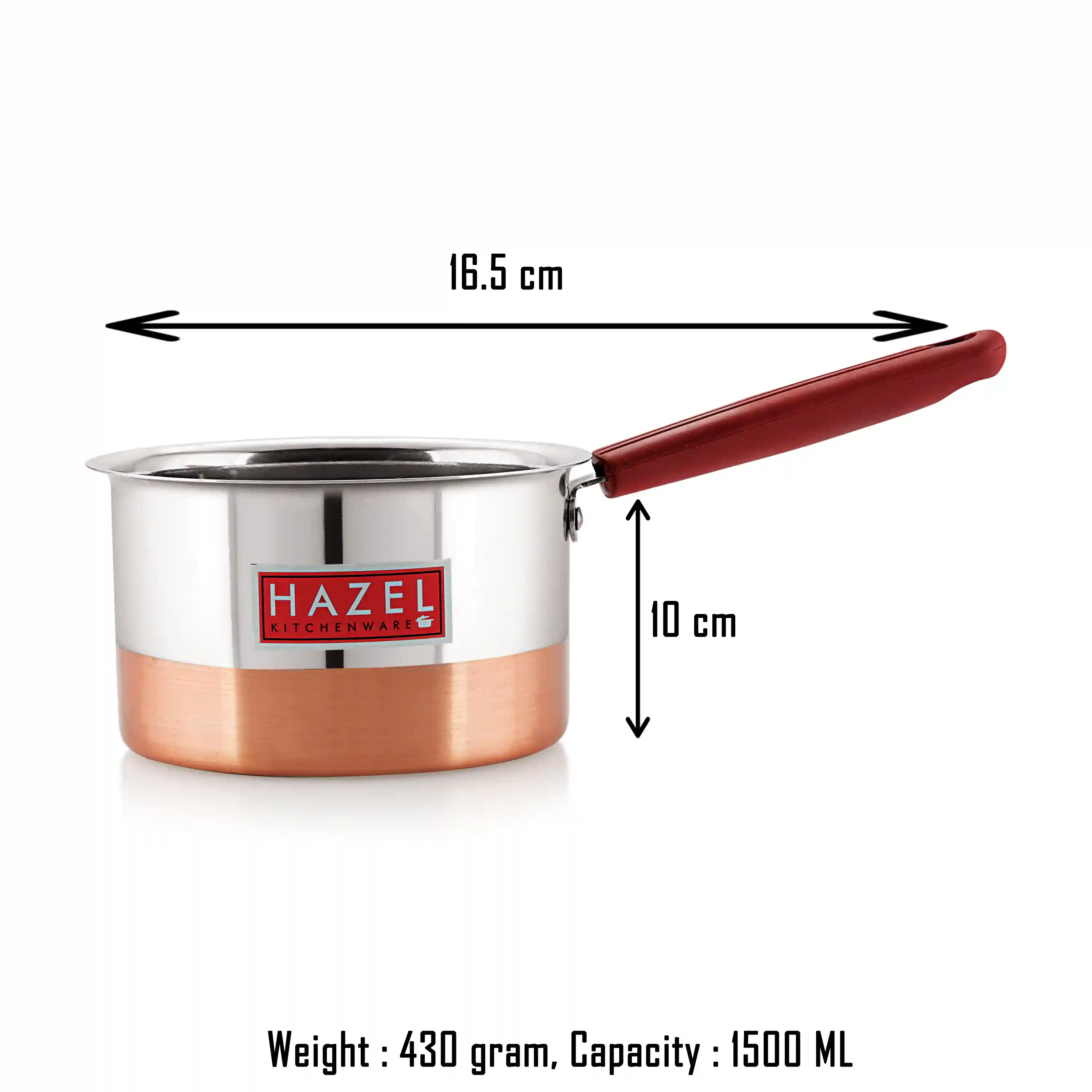 Hazel Alfa Premium Heavy Gauge Stainless Steel Flat Patila Sauce Pan Cookware with Copper Bottom (1.5 LTR), Silver & Copper