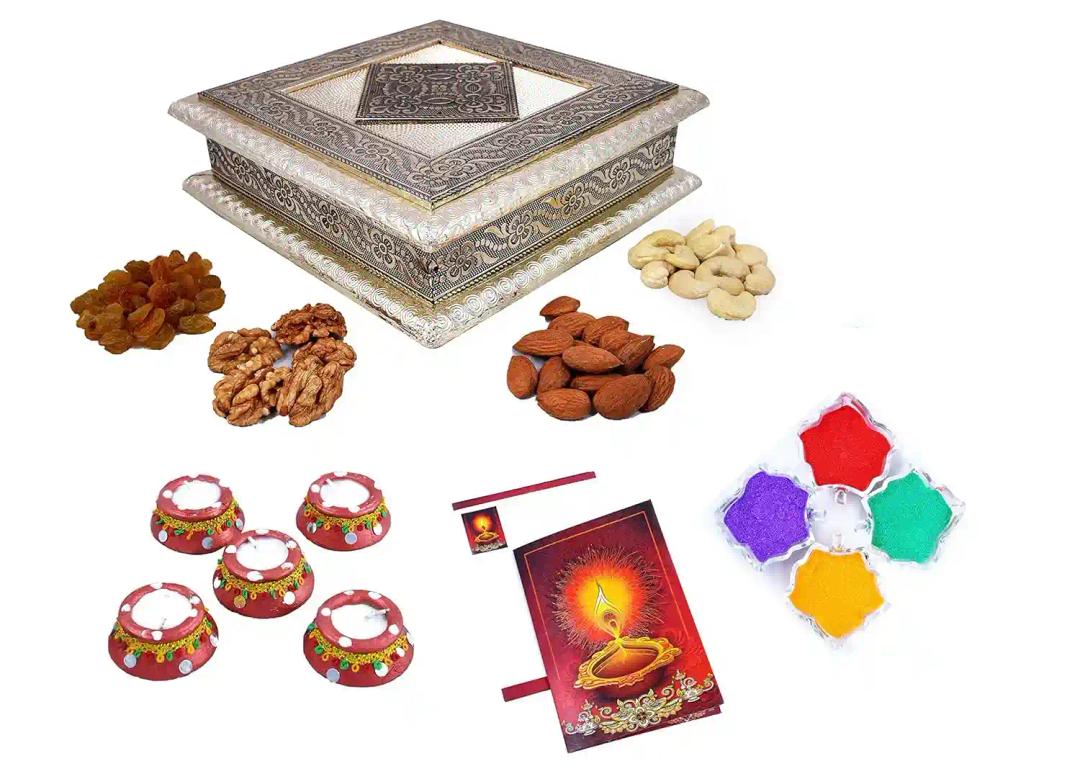 MANTOUSS Diwali Oxidised Dry Fruit Hamper/Pack/Combo-Cashew,Almond,Walnut and Raisin (100gms Each) 400gms + 2 Matki Wax Filled Diya, Diwali Greeting Card and Rangoli Colours