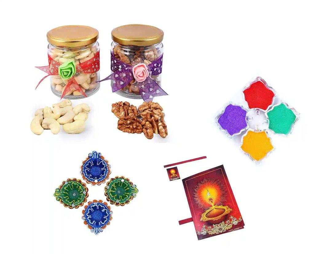 MANTOUSS Diwali Dry Fruit Decorative Glass Jar-Cashew and Walnut(100gms Each),200 GMS + 2 earthern Diya, Diwali Greeting Card and Rangoli Colours