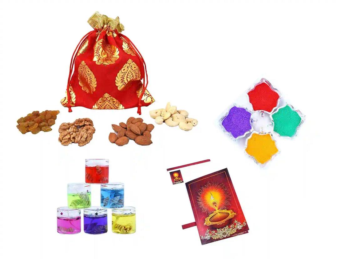 MANTOUSS Diwali Dry Fruit Red Exclusive Potli-Cashew,Almond,Walnut and Raisin (50gms Each) 200gms +2 Gel Filled Glass Candle,Diwali Greeting Card and Rangoli Colours