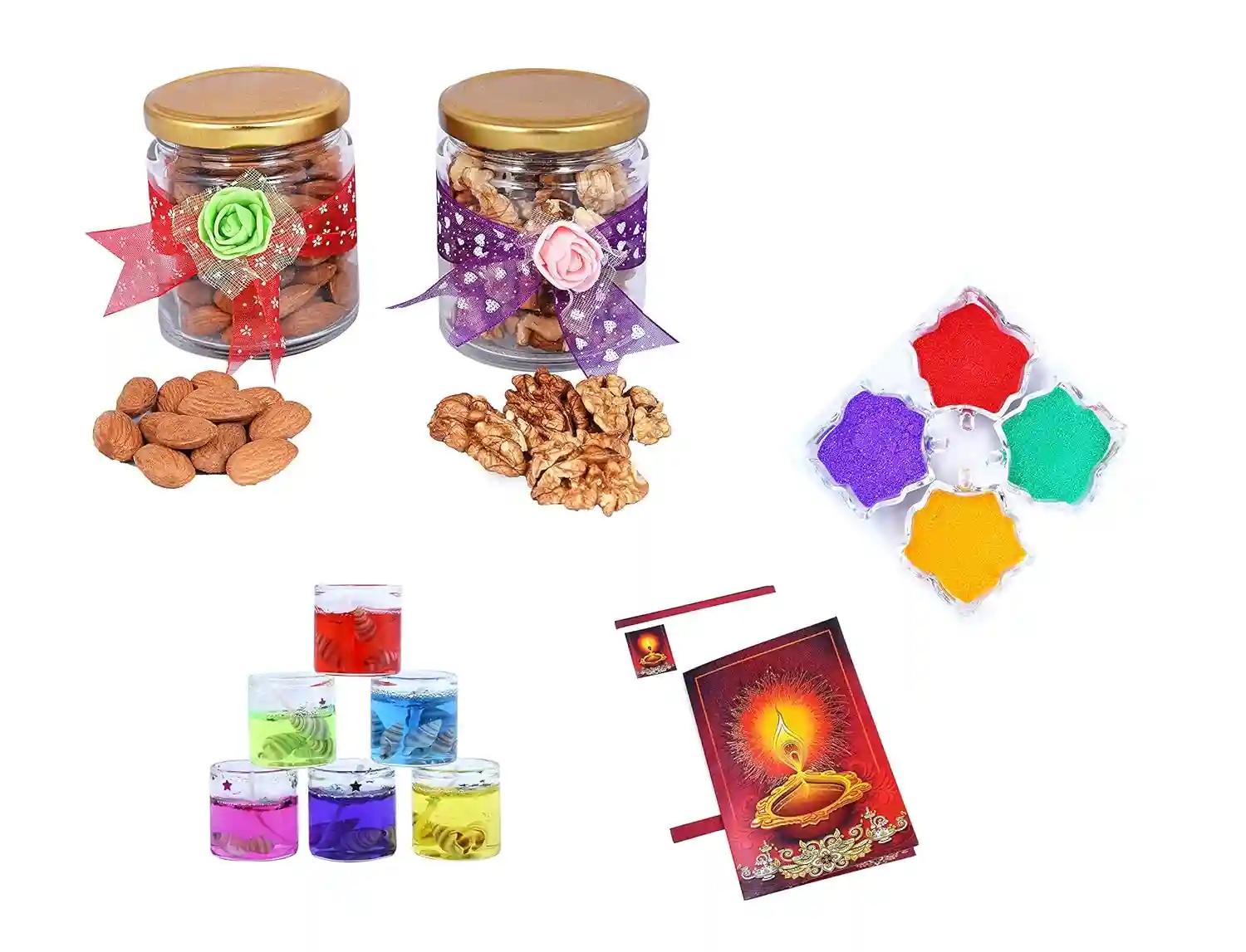 MANTOUSS Diwali Dry Fruit Decorative Glass Jar-Almond and Walnut(100gms Each),200 GMS + 2 Gel Filled Glass Candle, Diwali Greeting Card and Rangoli Colours